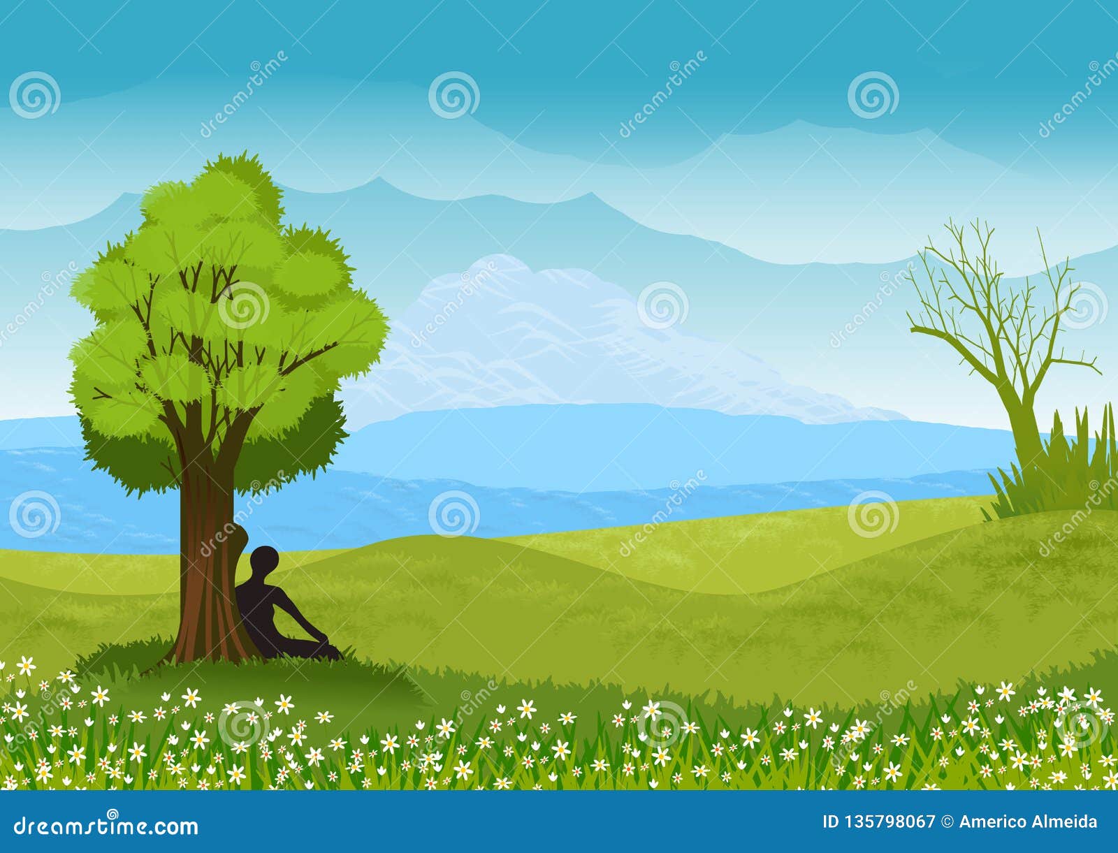 Natural Landscape with Blue Sky, Green Hills and Tree in the Foreground. . Stock Illustration - Illustration of background, wallpaper: 135798067 Natural Landscape with Blue Sky, Green Hills and Tree in the Foreground. . Stock Illustration - Illustration of background, wallpaper: 135798067