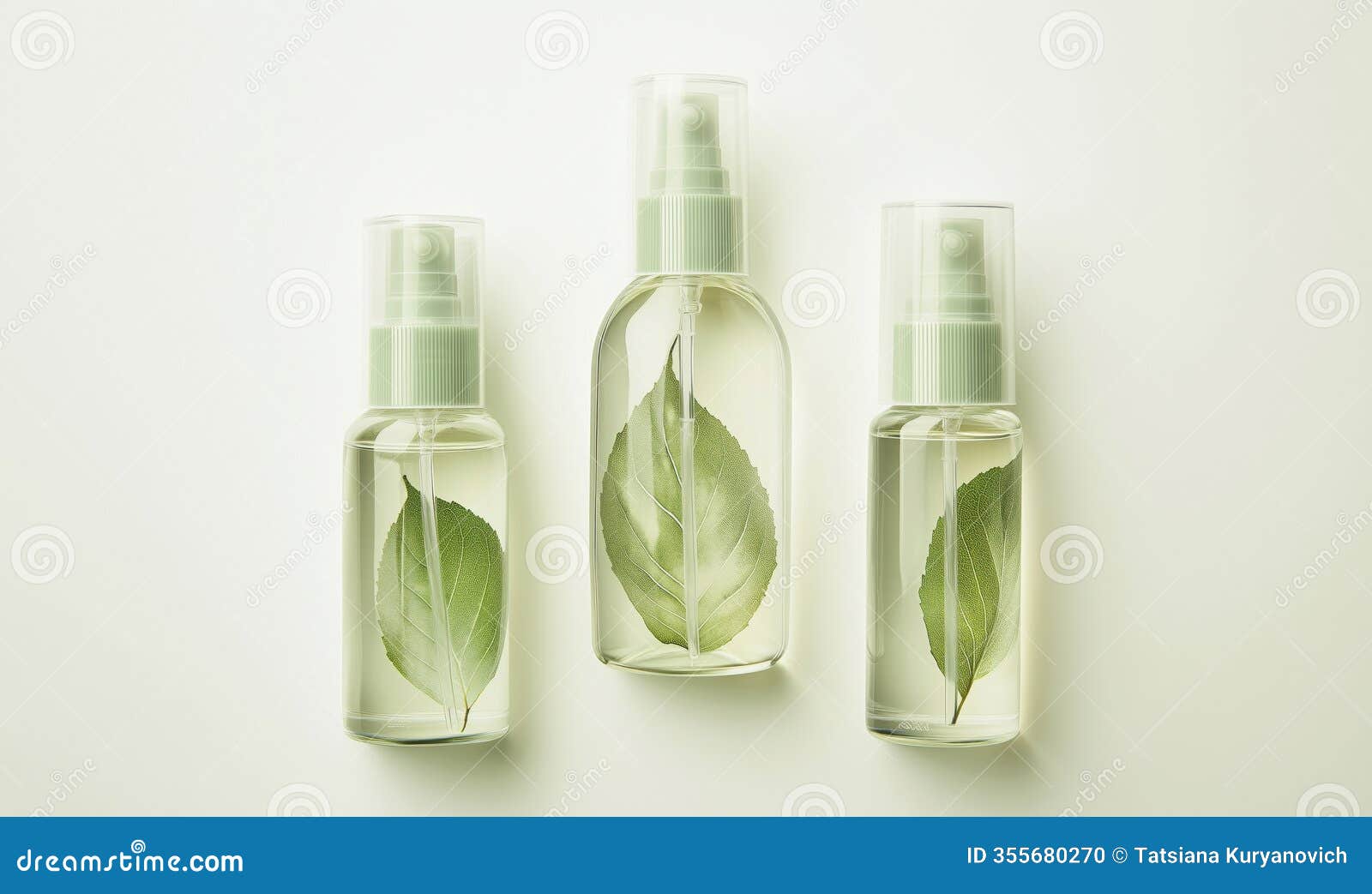 natural leaf-infused spray bottles, elegant , green leaves, minimalistic style