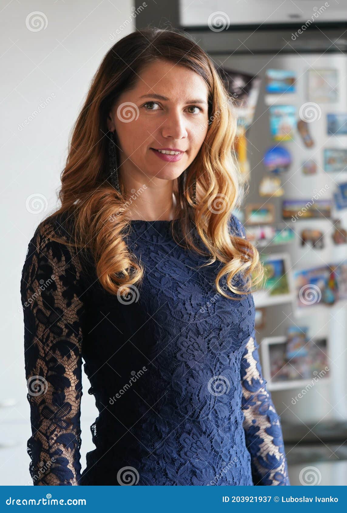 Natural Light Portrait of Young Woman with Long Waves Hair, Wearing Dark  Blue Dress, Blurred Steel Fridge Background Stock Image - Image of adult,  beautiful: 203921937