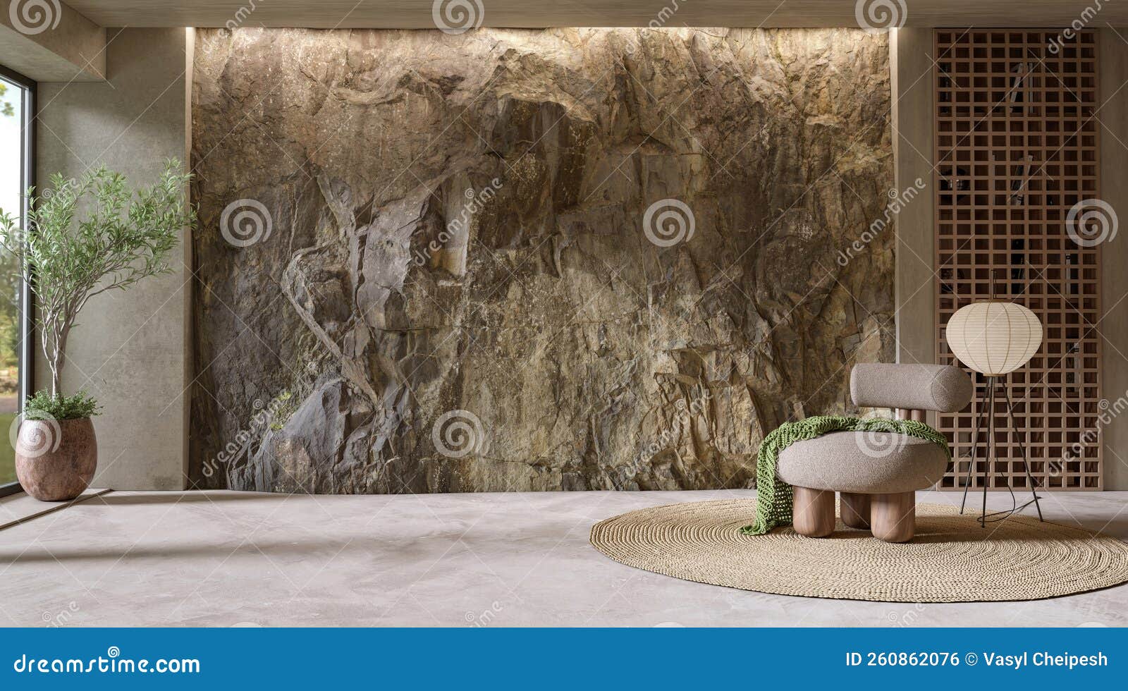 Natural Mountain Rock Wall in Modern Living Room Interior, 3d Render