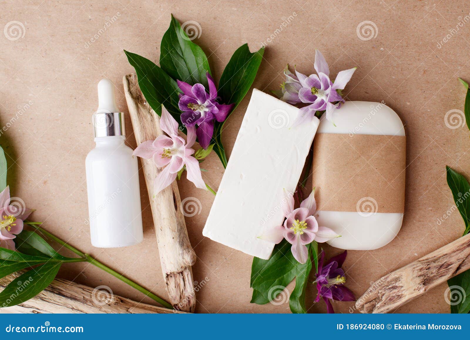 Download Natural Organic Cosmetic Skincare Packaging Mock Up With Leaves And Flowers, Eco-friendly Bio ...