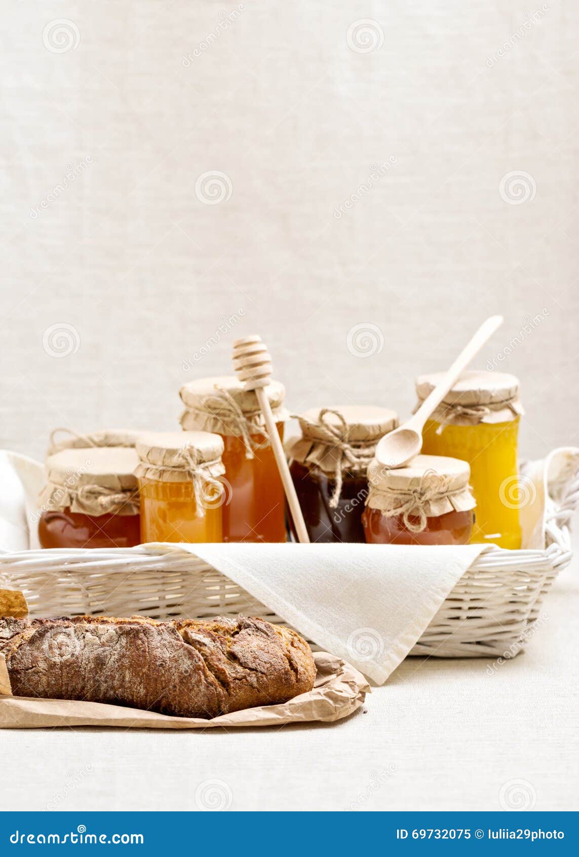 Natural Product. Different Types of Honey and Homemade Bread Stock ...