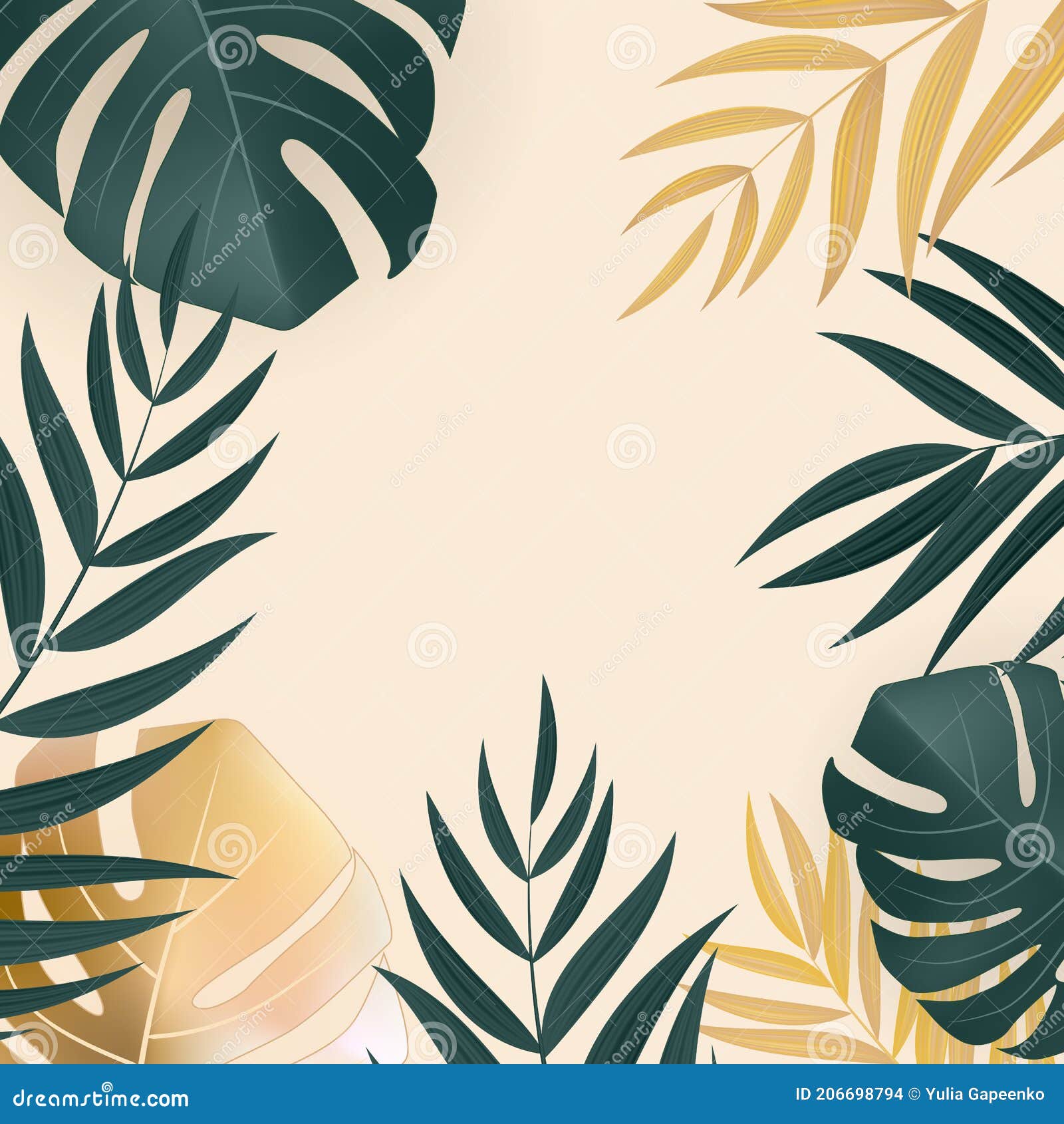 Natural Realistic Green and Gold Palm Leaf Tropical Background. Vector