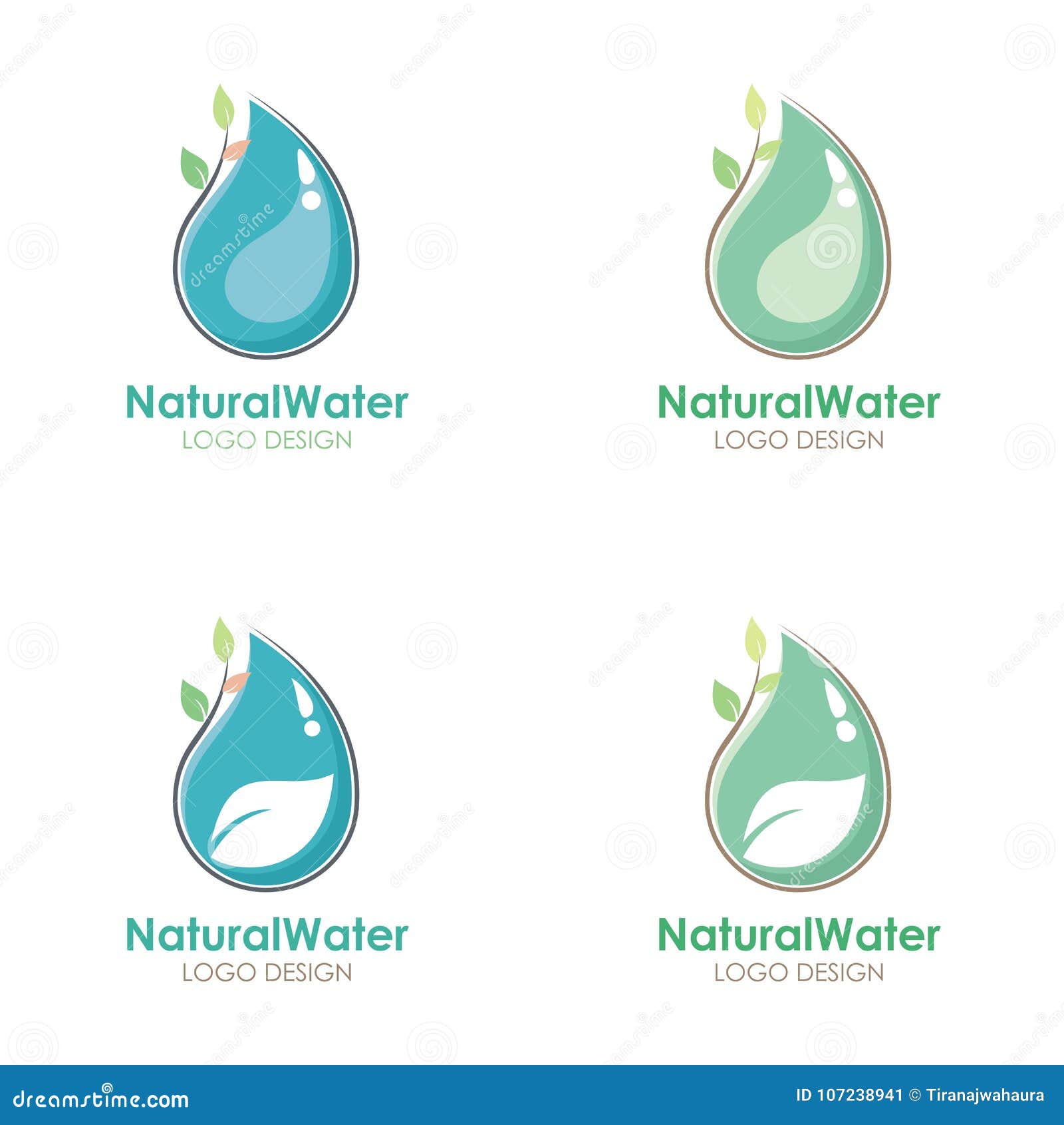 Natural Water Logo Design With Water Drop And Leaf Illustration Cartoon