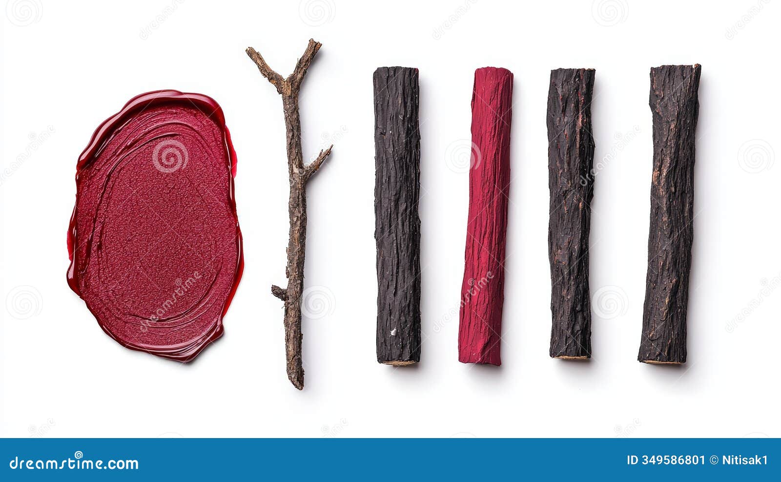 natural wood sticks and red dye white isolate background