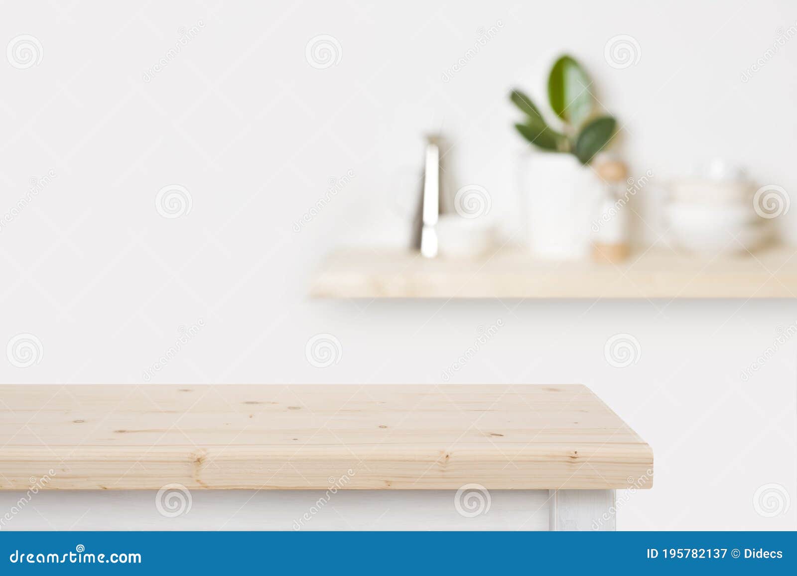 Natural Wooden Table Top and Blurred Wall with Kitchen Shelf Stock