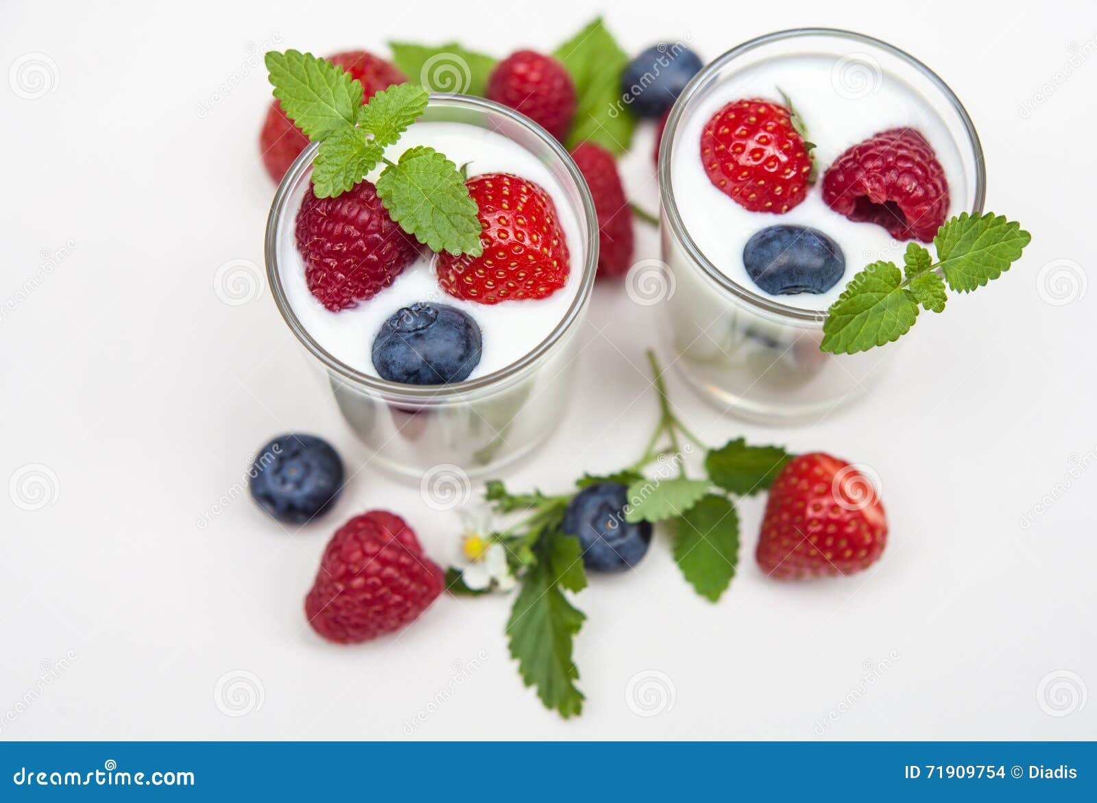 Natural Yogurt with Fresh Berries Mixed Isolated on Withe Stock Photo