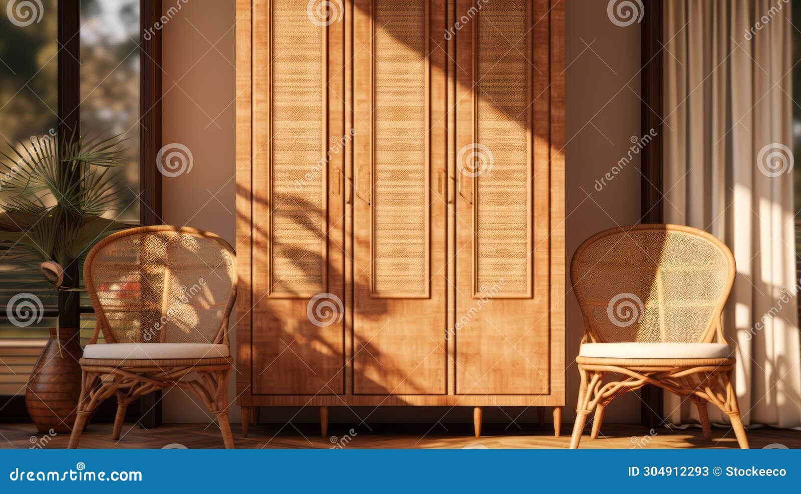 naturalistic 3d rendering of wooden cabinet with rattan armoire and chairs