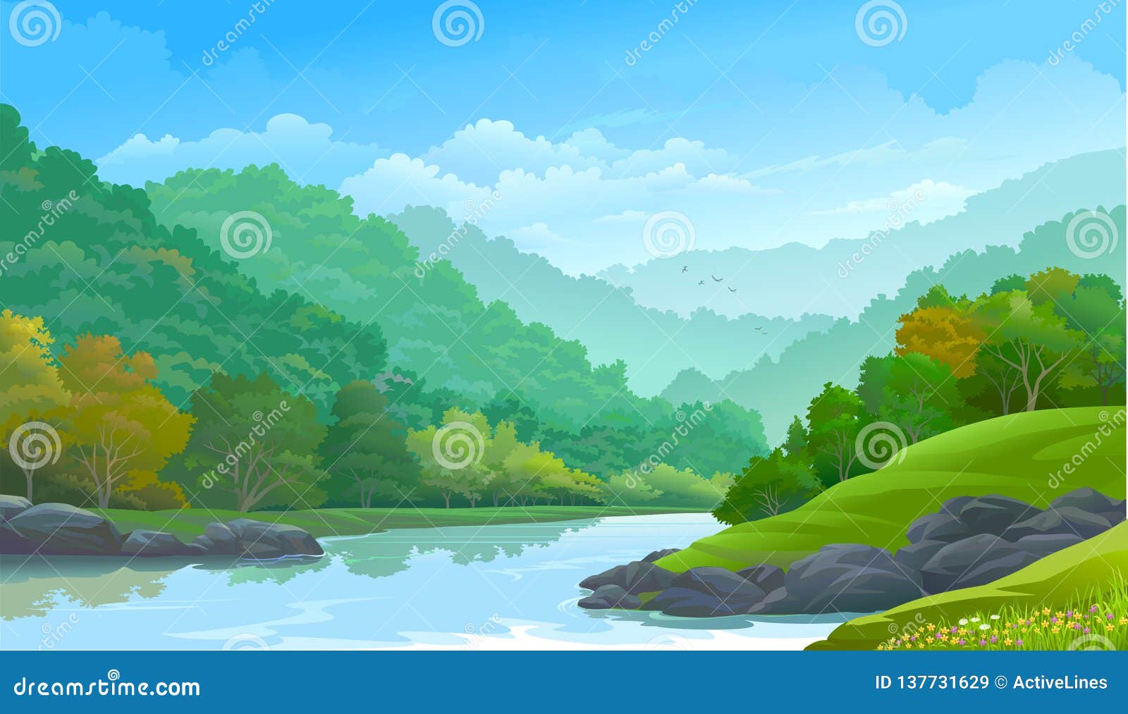 dense green forest along side a river and a few rocks