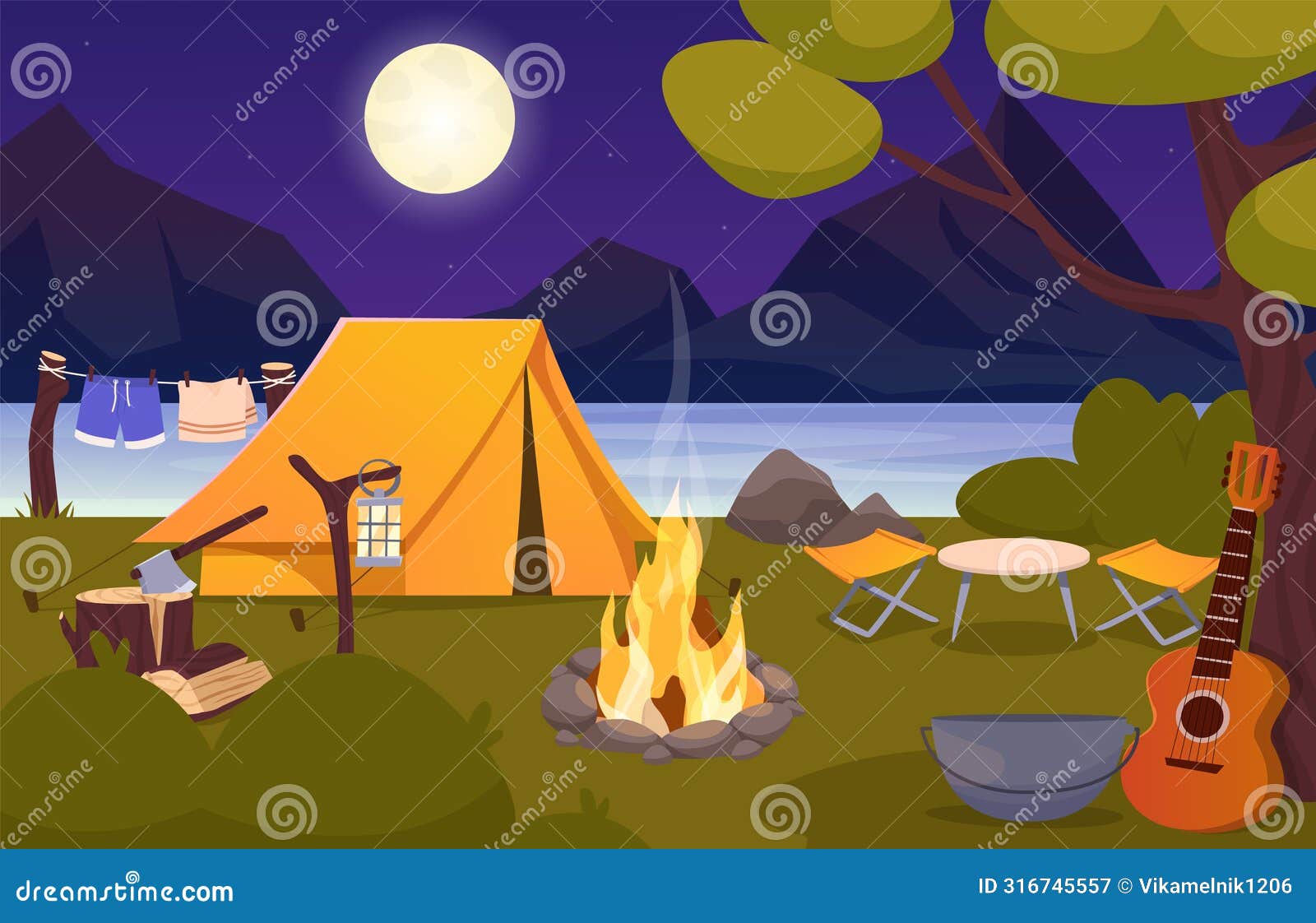 Nature camp landscape stock illustration. Illustration of bonfire ...