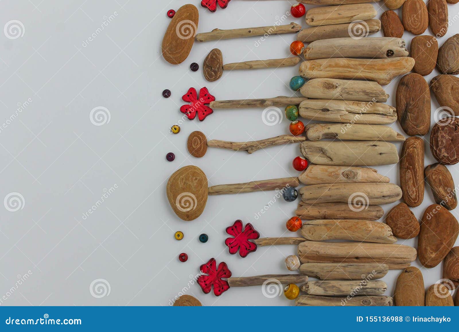 nature, environment and botany - tree bark, branches and flowers with ceramic beads