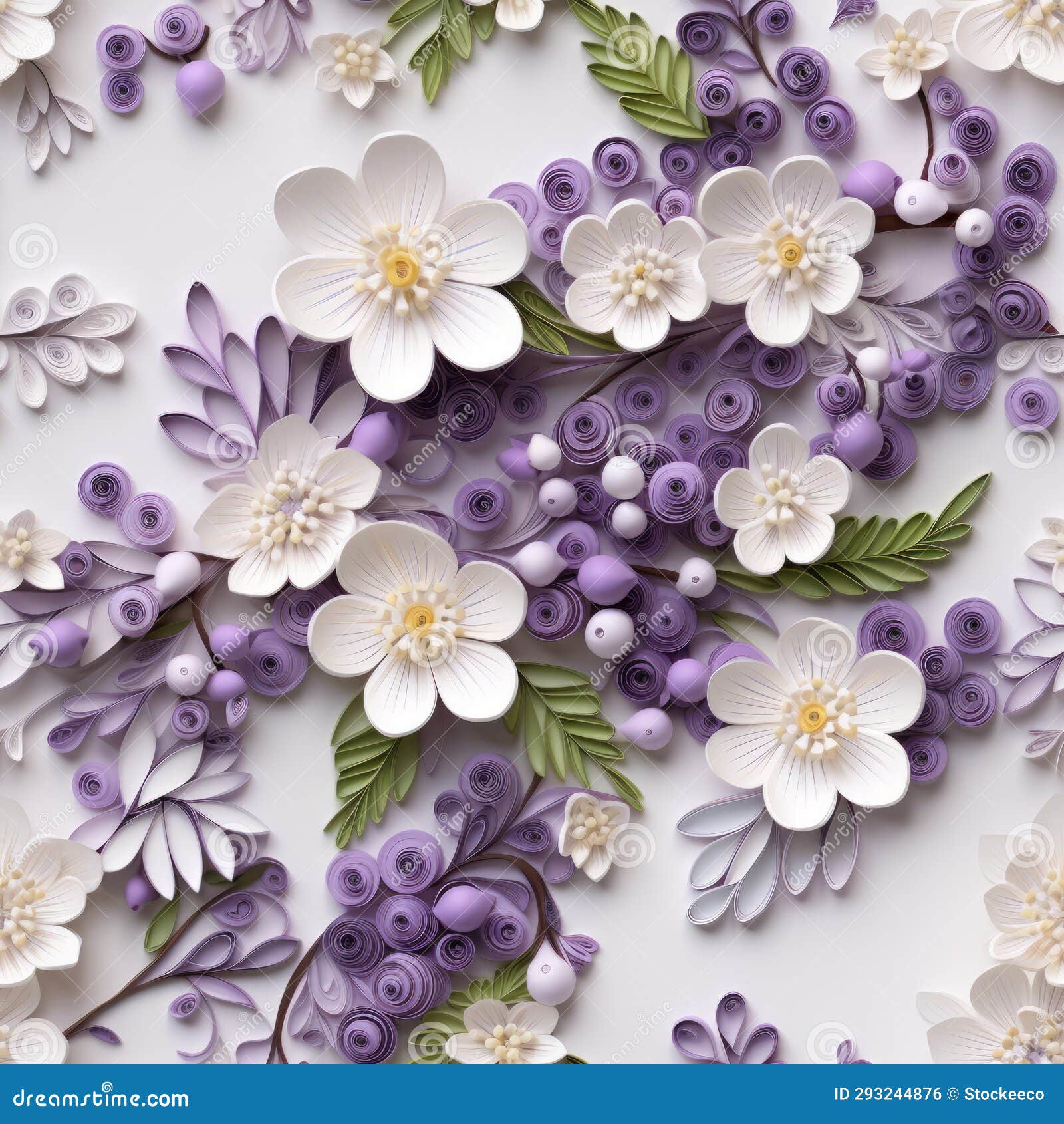 nature-inspired quilling: white and purple flowers with mismatched patterns