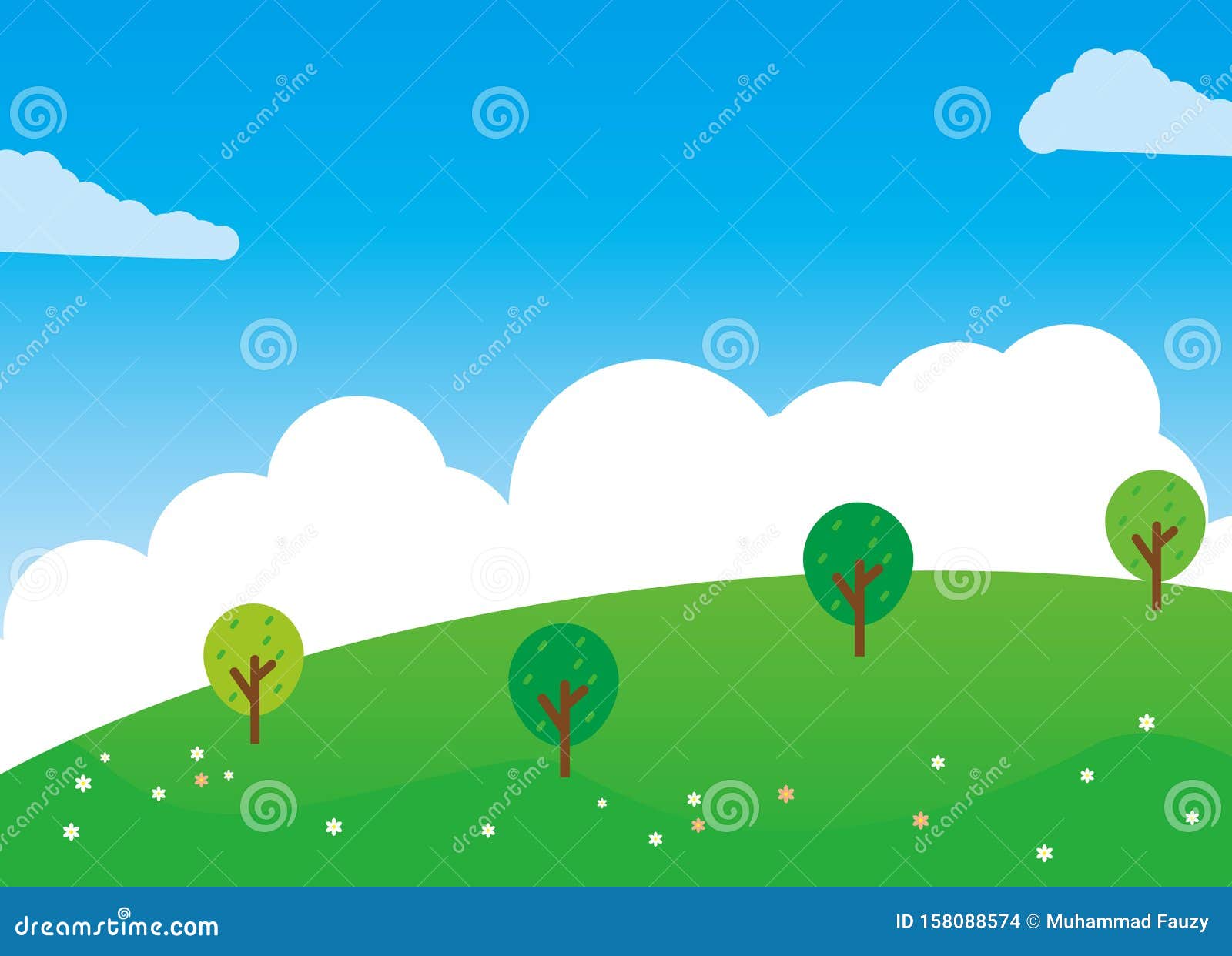 Nature Landscape Cartoon Illustration Green Grass, Flower, Trees and ...