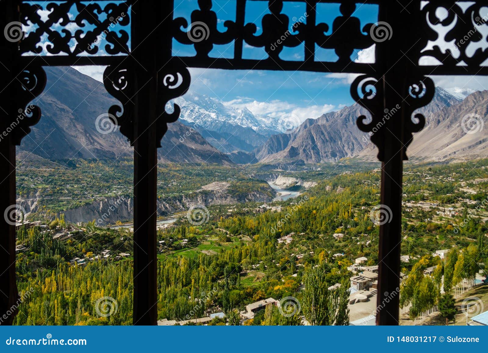 hunza nagar valley view from baltit fort with a view of karakoram mountain range. gilgit baltistan, pakistan.