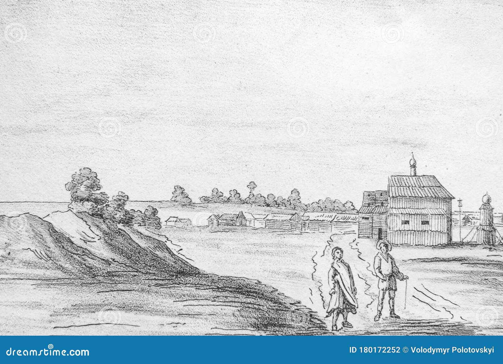 stor Settle Brobrygge Nature Landscape. Man and Woman in Front of Woden Church in the Stock  Illustration - Illustration of genuine, sketch: 180172252