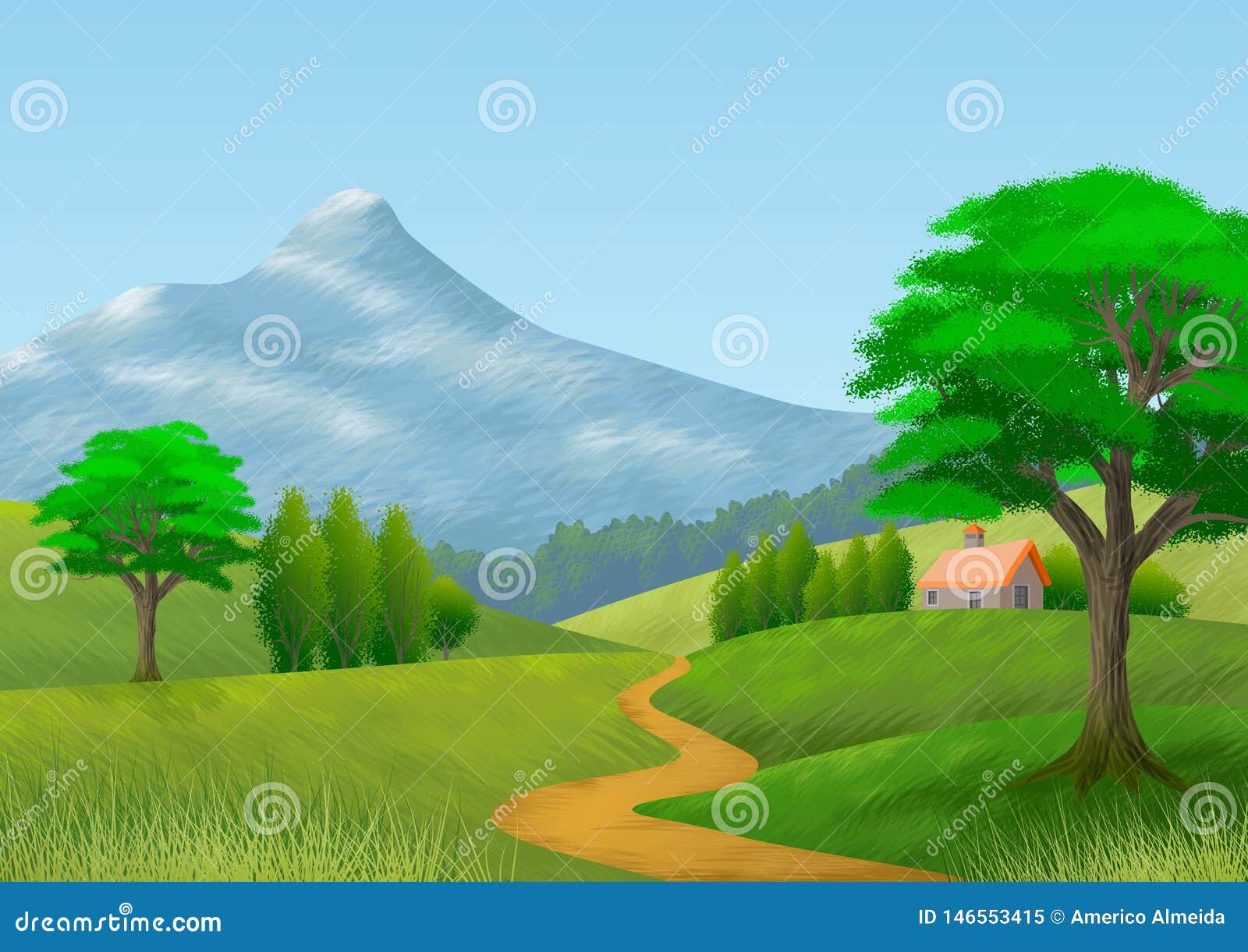 Nature Landscape with Mountain, Trees, Hills, a Path and a Cottage.  Wallpaper. Background Stock Illustration - Illustration of background,  mountain: 146553415