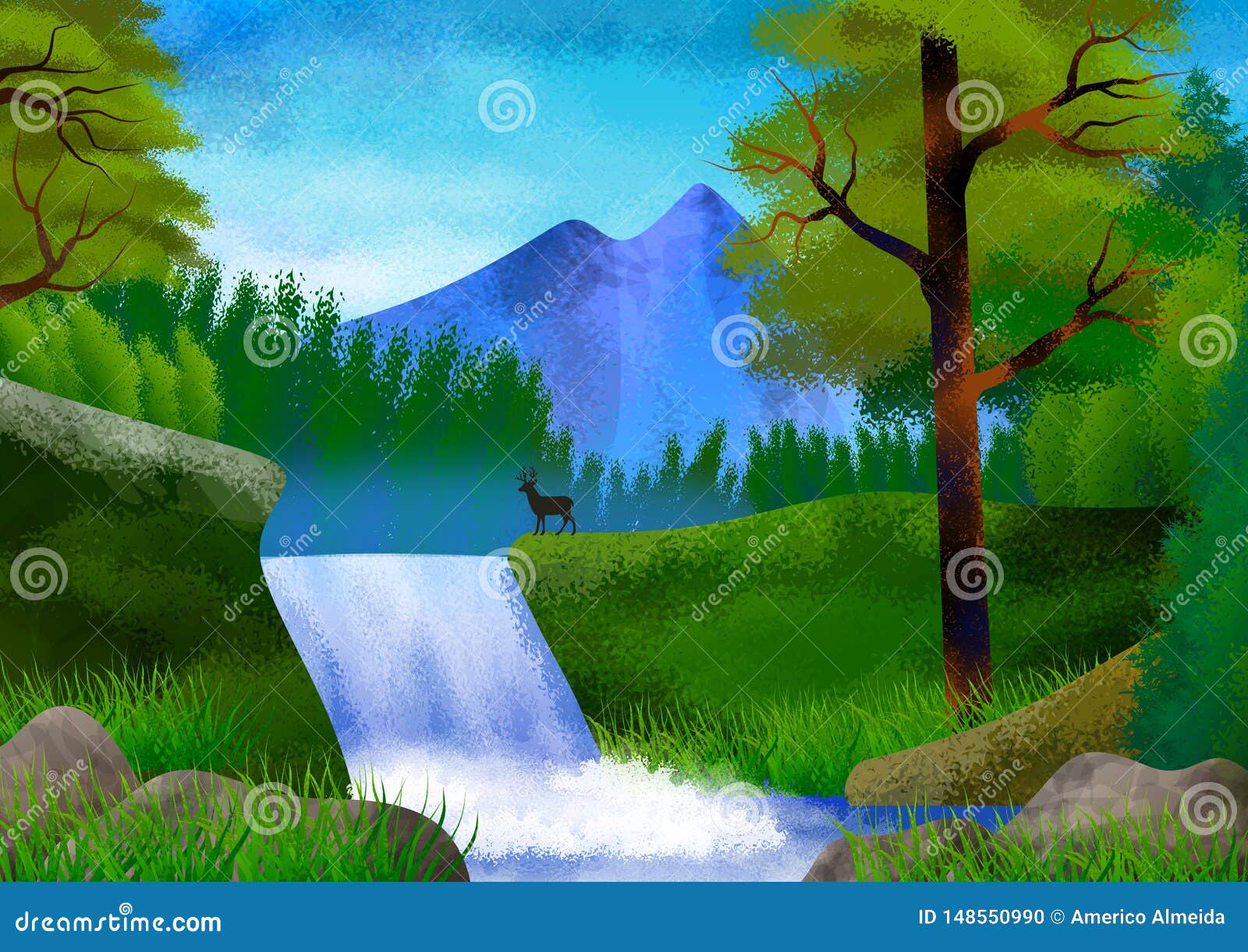 Nature Landscape with Mountain, Trees, Hills and a River. Illustration.  Wallpaper Stock Illustration - Illustration of background, nature: 148550990