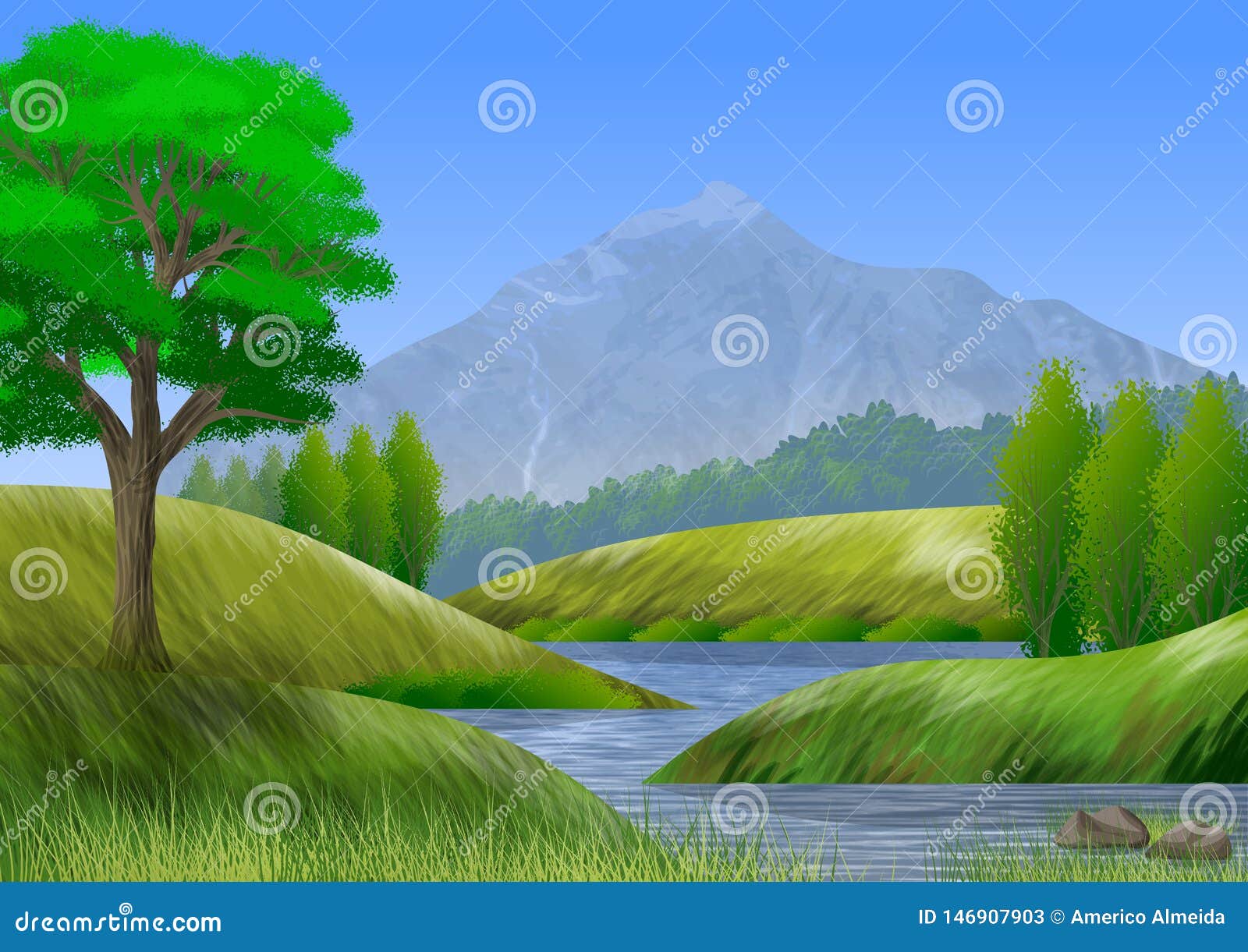 Nature Landscape with Mountain, Trees, Hills, and a River Stock