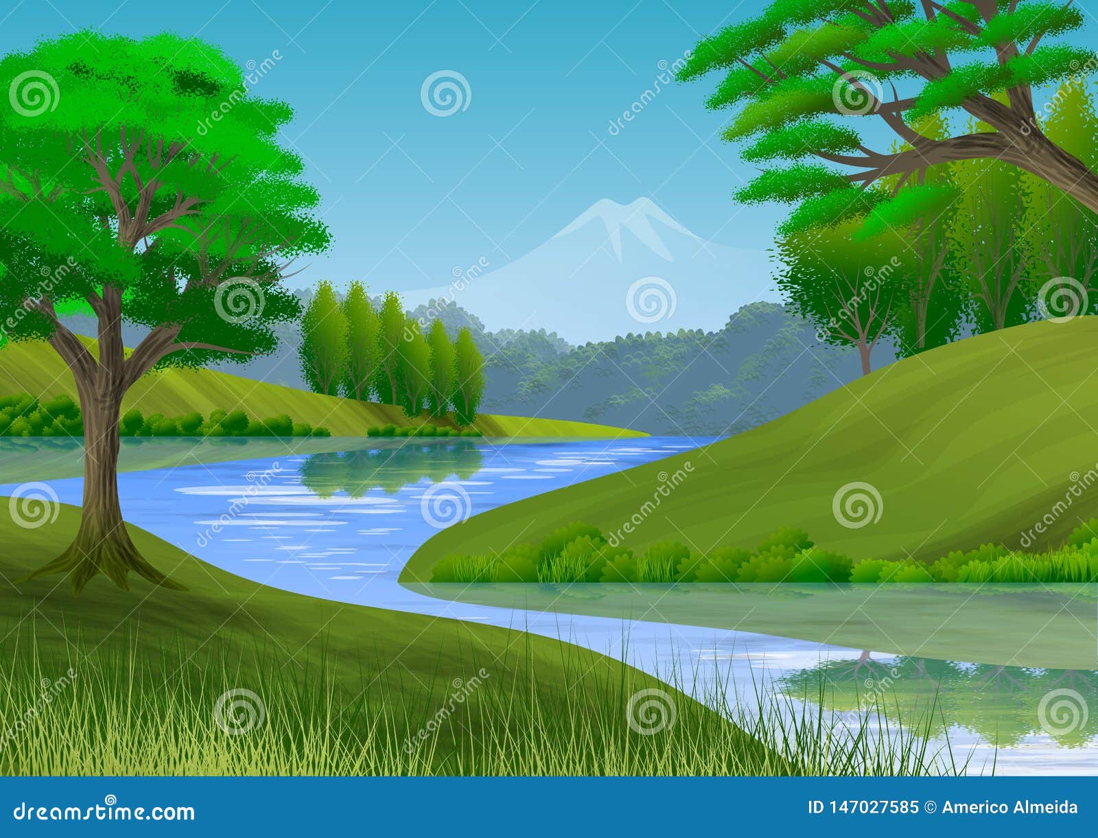 Nature Landscape with Mountain, Trees, Hills, and a River Stock