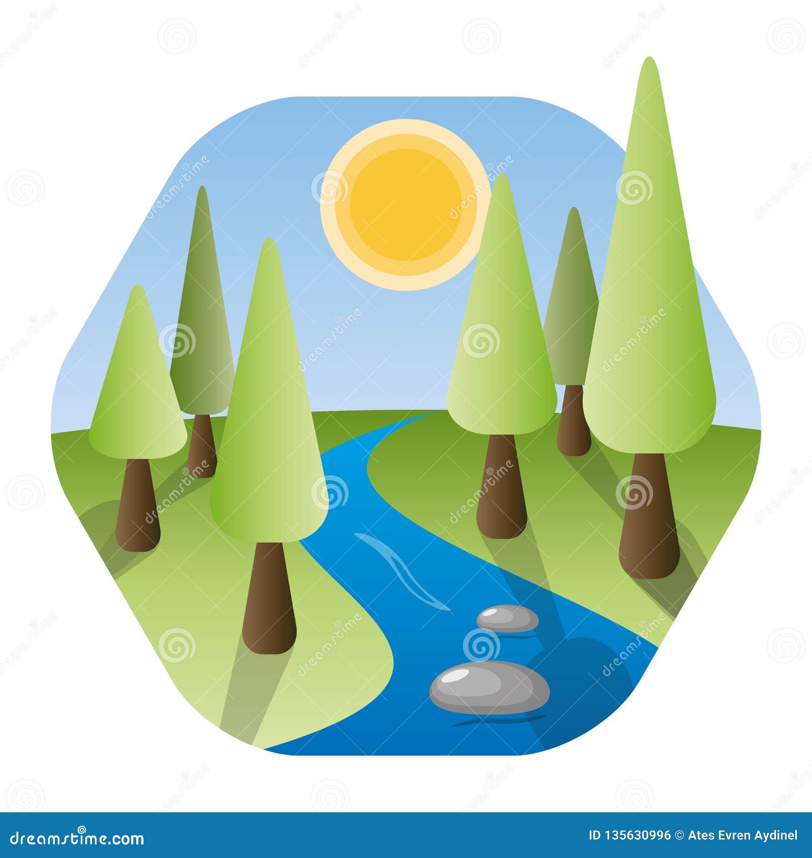 Nature Landscape with River, Shining Sun, and Trees Stock Vector ...