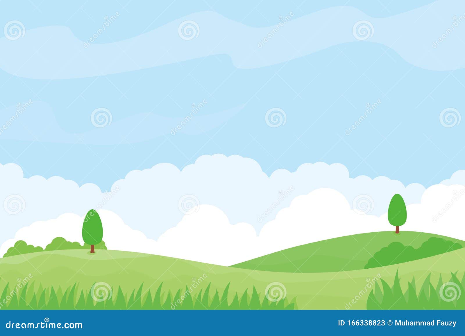 Nature Landscape Vector Illustration with Green Meadow, Trees and Blue ...