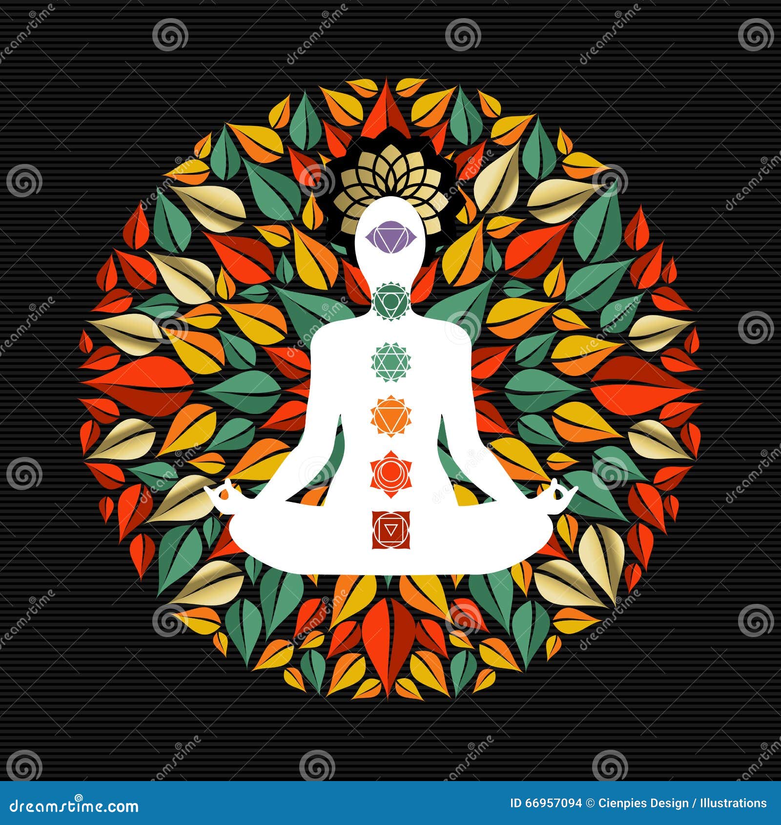 Nature Mandala with Yoga Pose and Chakra Icons Stock Vector