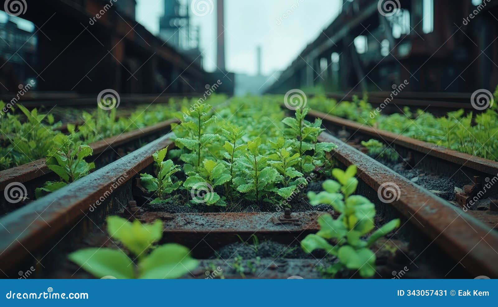 nature reclaiming industrial ruins overgrown train tracks, rust, green desolation, abandoned factory, industrial decay, post-