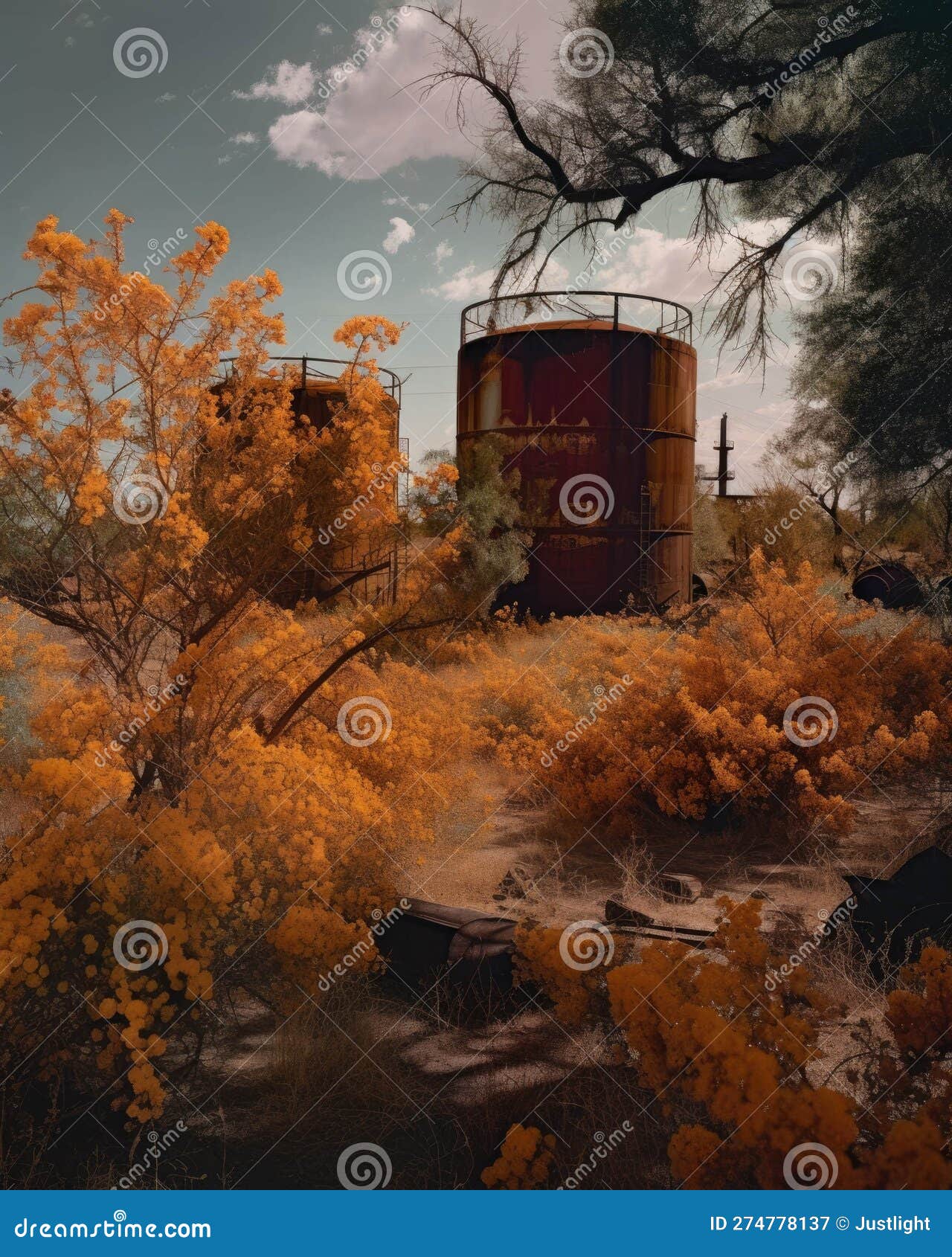 nature reclaiming the land vibrant trees in bloom and the rusted silhouette of broken tanks in the background. abandoned