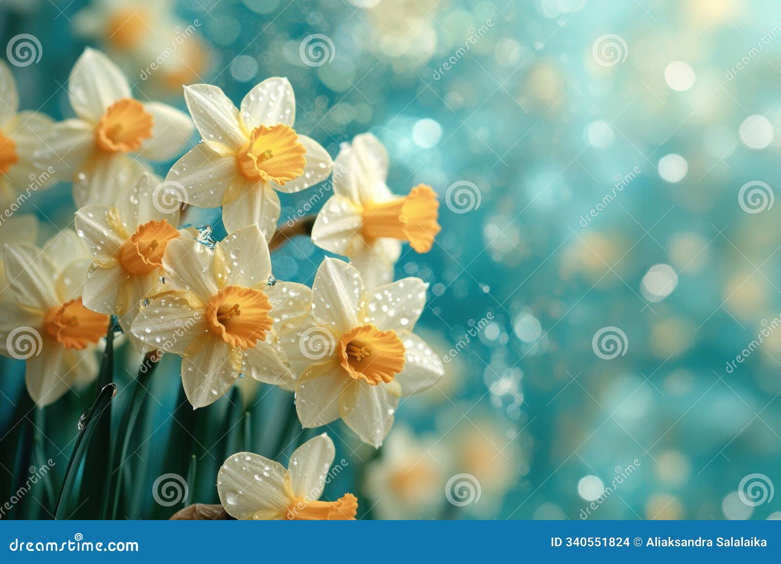nature renewal, a colorful display of blooming daffodils and soft rain on a bright cyan backdrop signifies fresh starts
