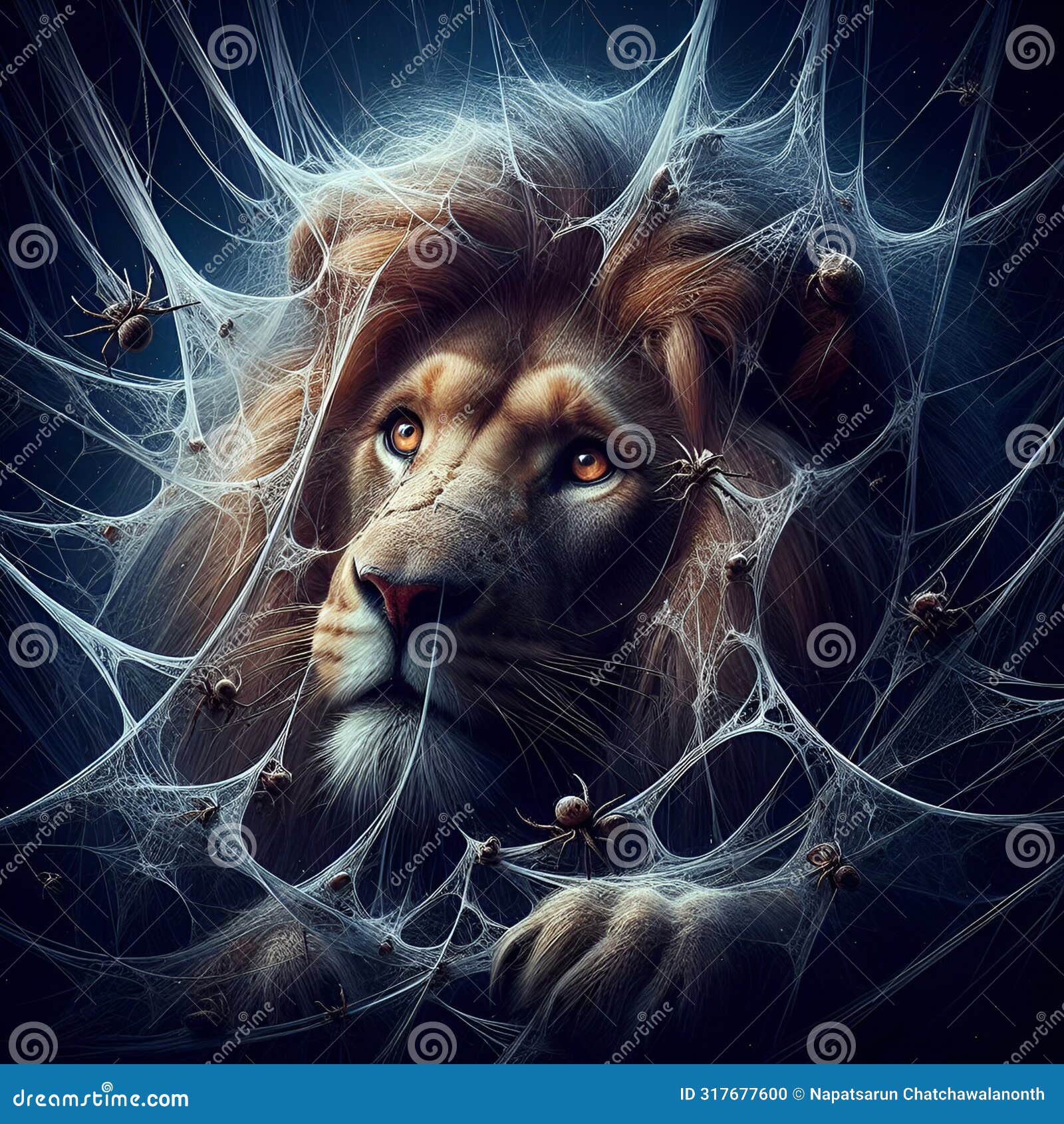 nature's paradox: the lion trapped by the mighty spider.