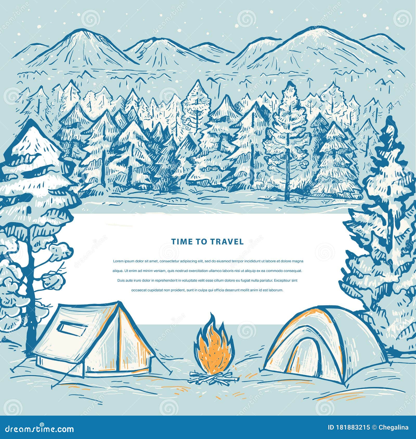 nature sketch  template with mountains, moon, clouds, stars and text. sketch  in blue and white colors