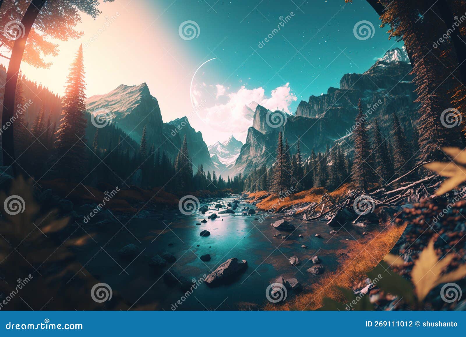 Nature with Trees, Mountains and a Flowing River, the Galaxies in the ...