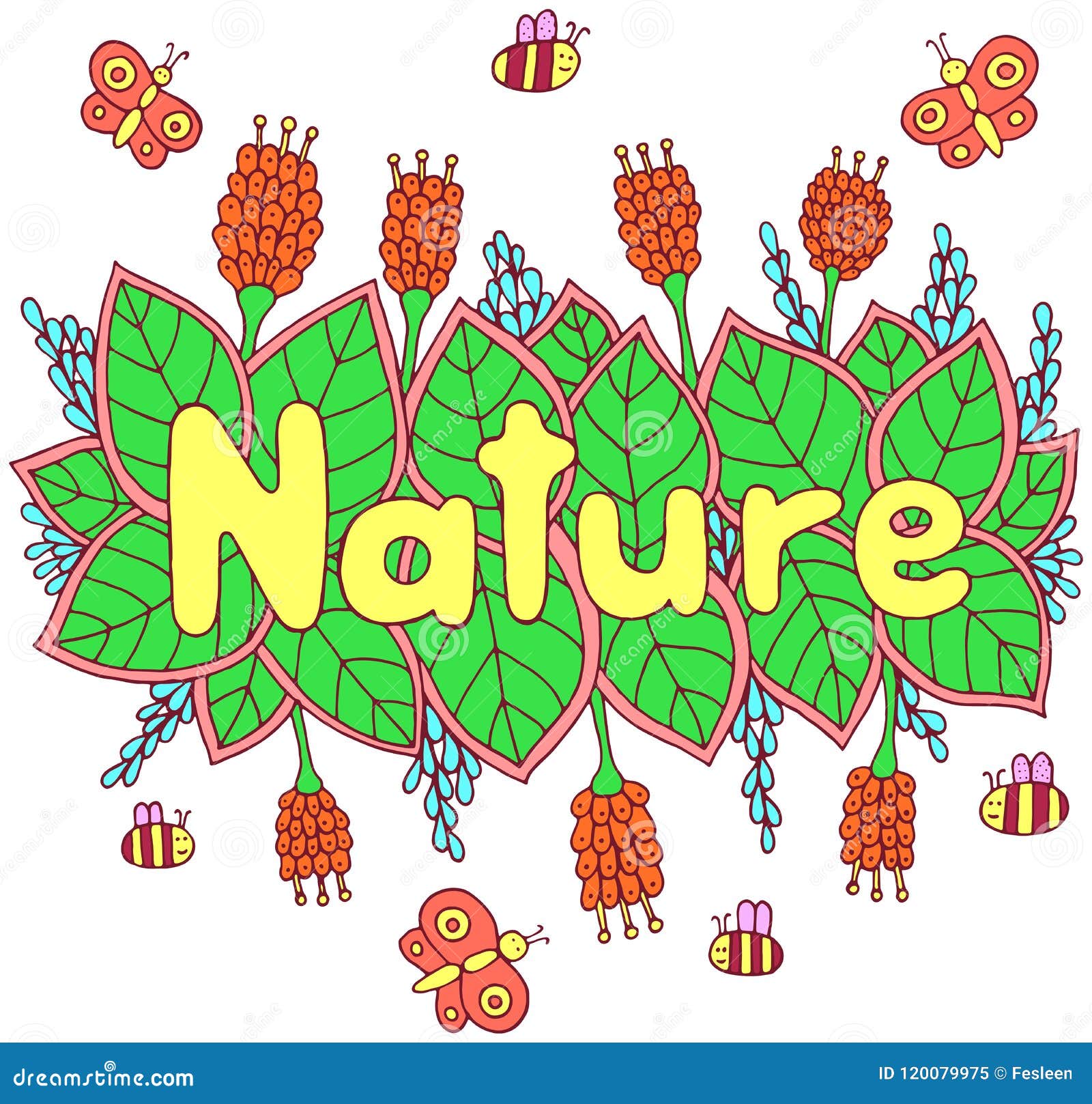 Nature Word - Colorful Lettering Art. Doodle Cartoon Artwork. Vector Illustration Vector - Illustration of graphic, color: 120079975