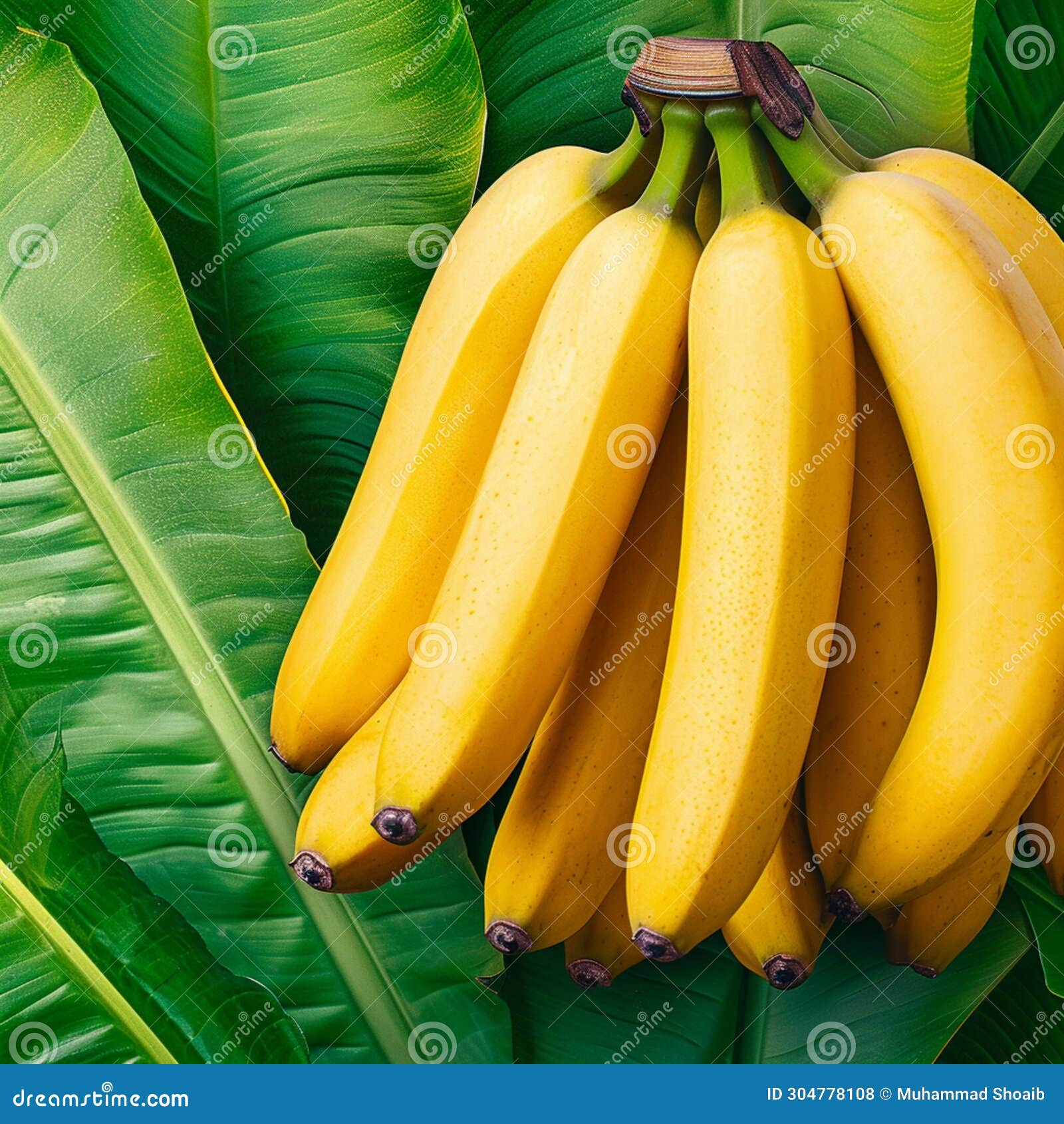 Natures Bounty Bananas Displayed on Lush Green Banana Leaves Stock