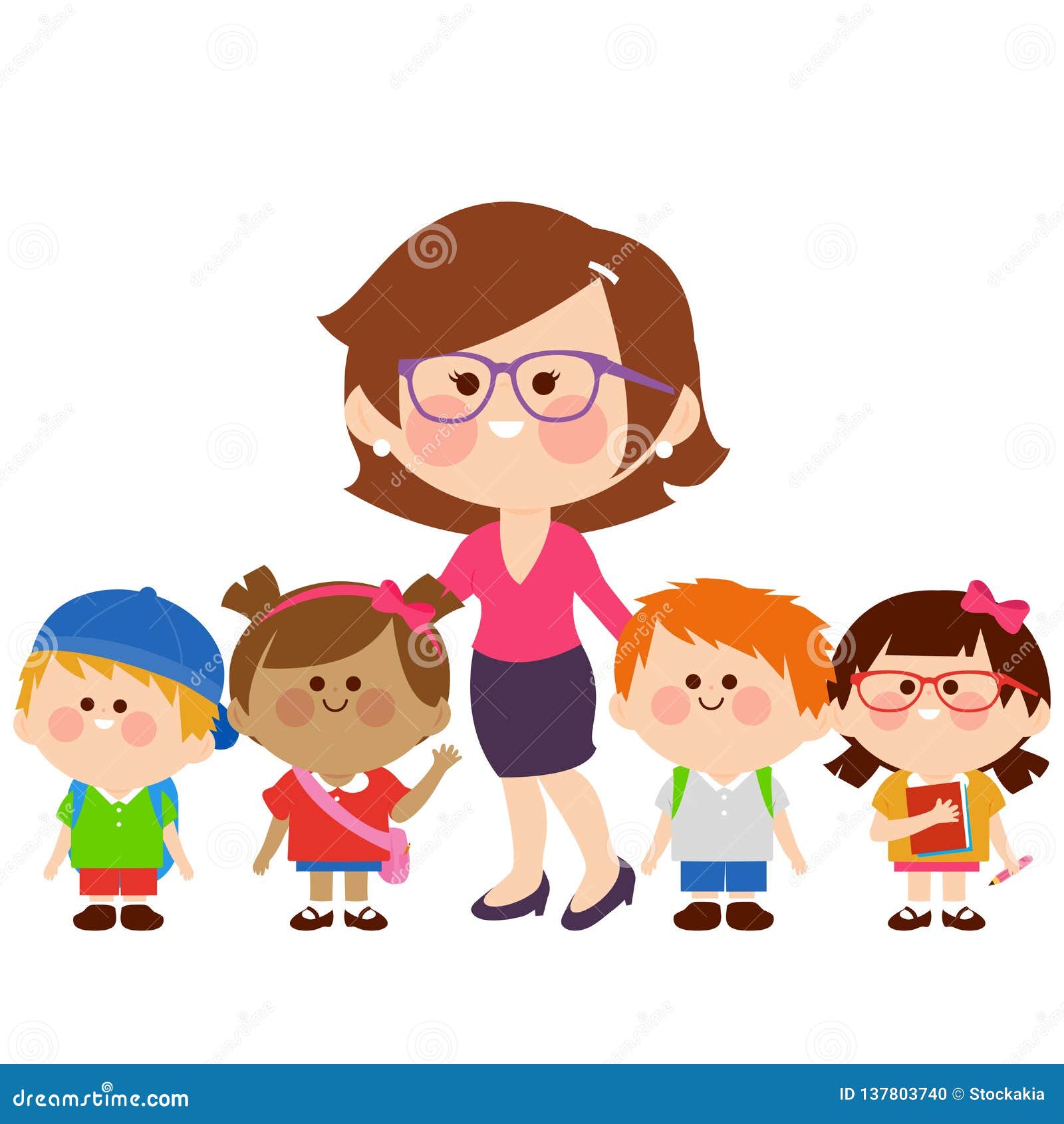 Nauczyciel i grupa dziecko ucznie. Szczęśliwy żeński nauczyciel i jej grupa dziecko ucznie niesie plecaki, szkolne torby i książki,