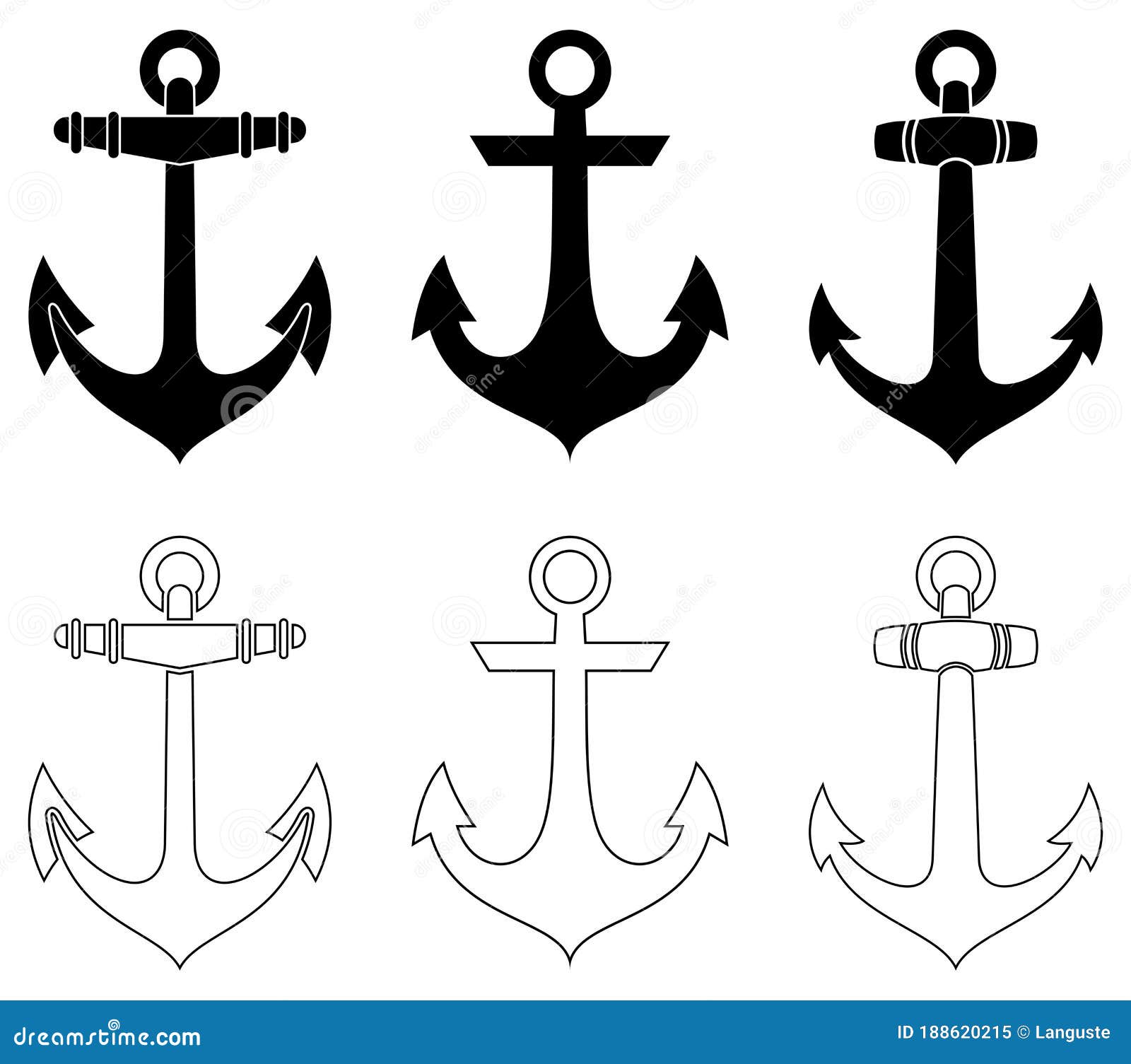 Nautical Anchor Symbol Vector Set in Full Black and Outline Color on ...