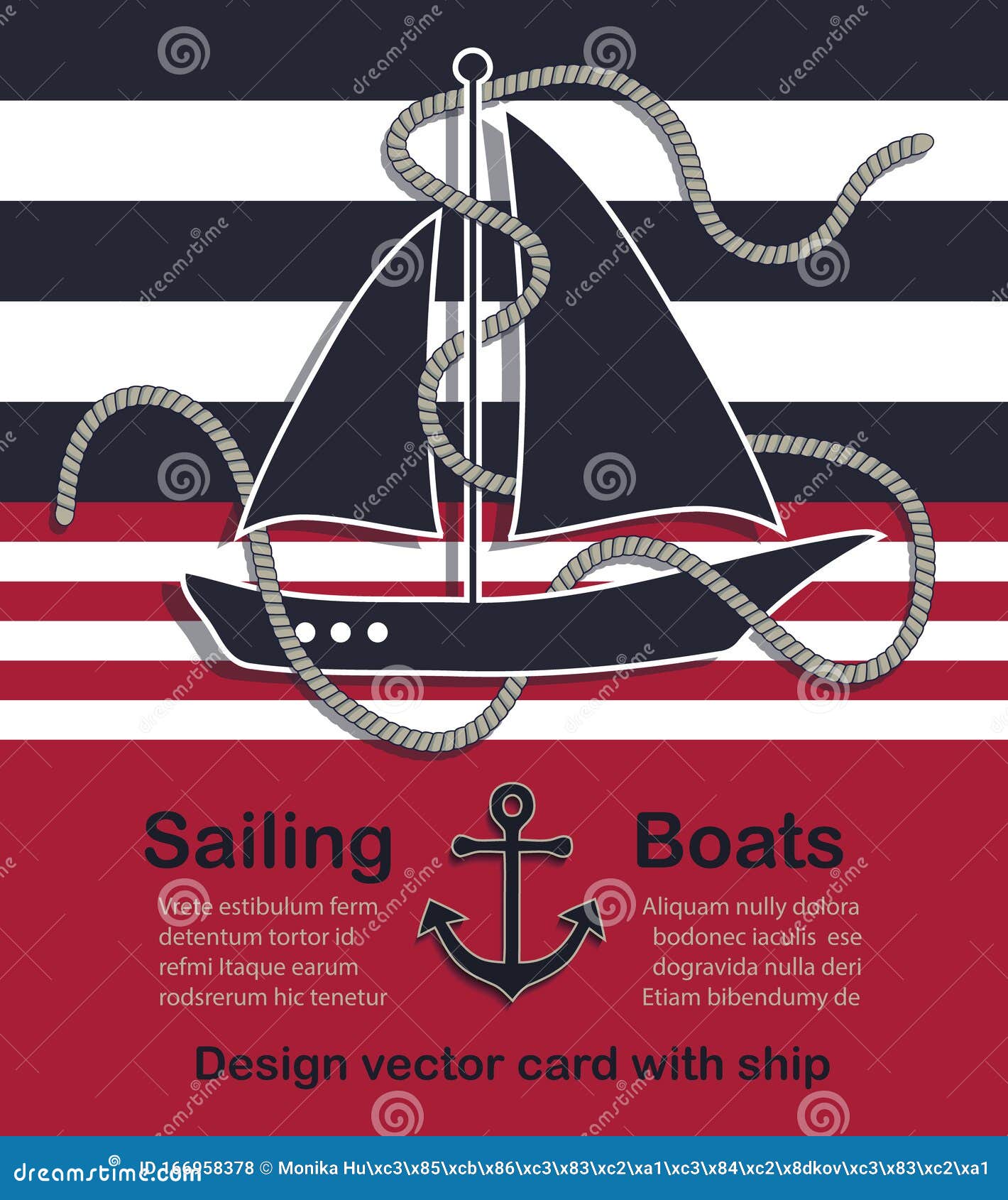 Nautical Design Vector Card with Sailing Boat and Rope Stock