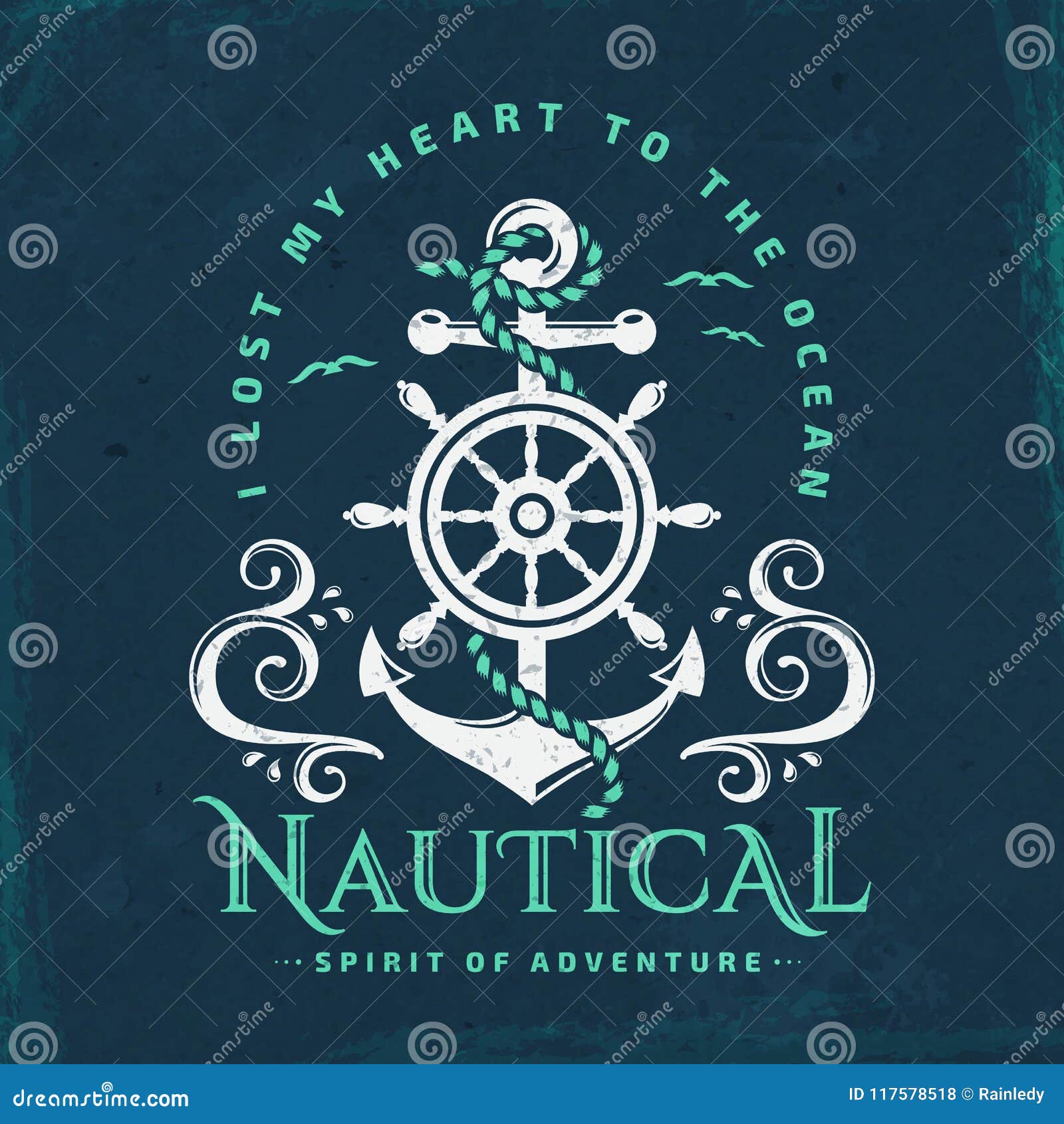 nautical emblem with anchor, steering wheel and waves.