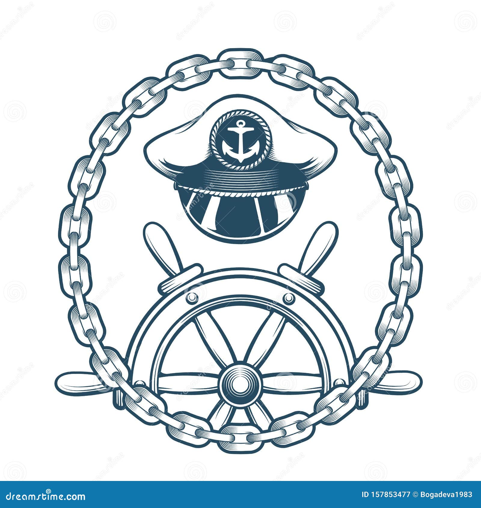 nautical emblem with captain hat and navigation wheel.  