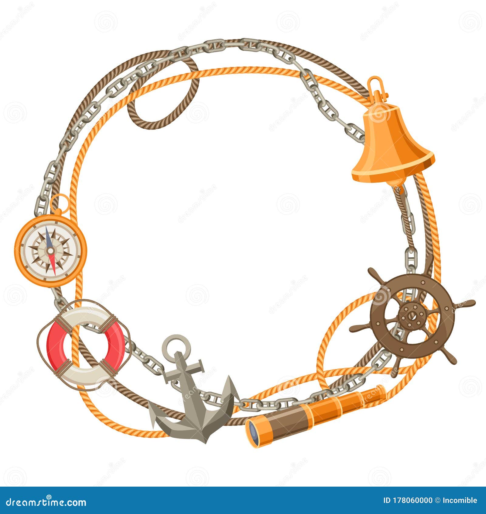Nautical Frame with Sailing Items, Ropes and Chains. Stock Vector