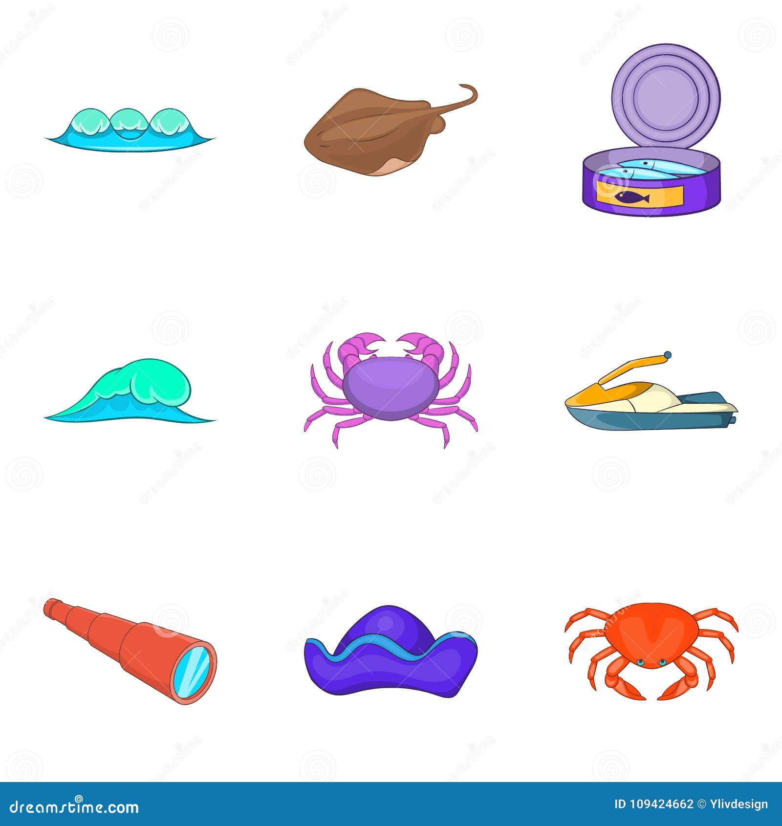 nautical life icons set, cartoon style