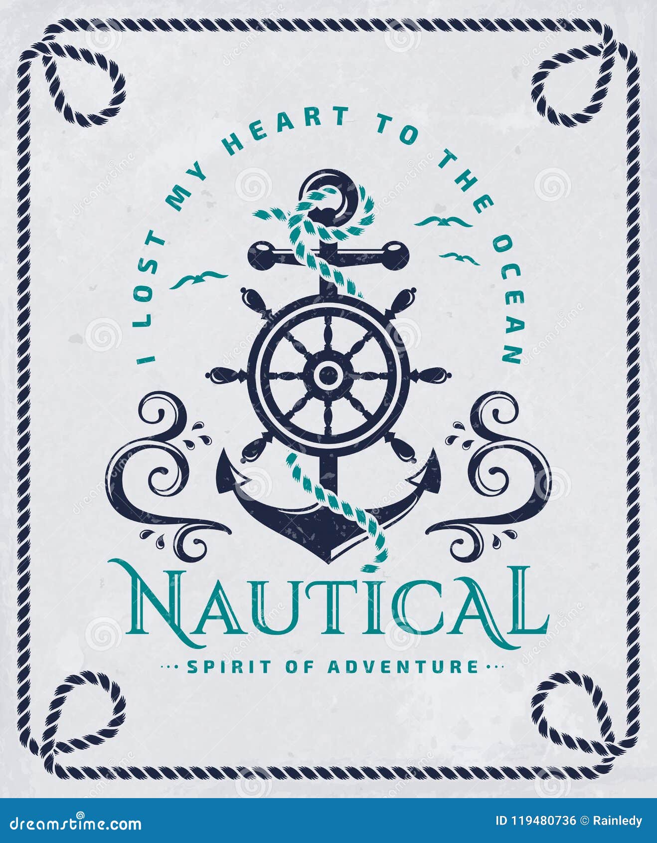 nautical poster with anchor, steering wheel and rope frame.