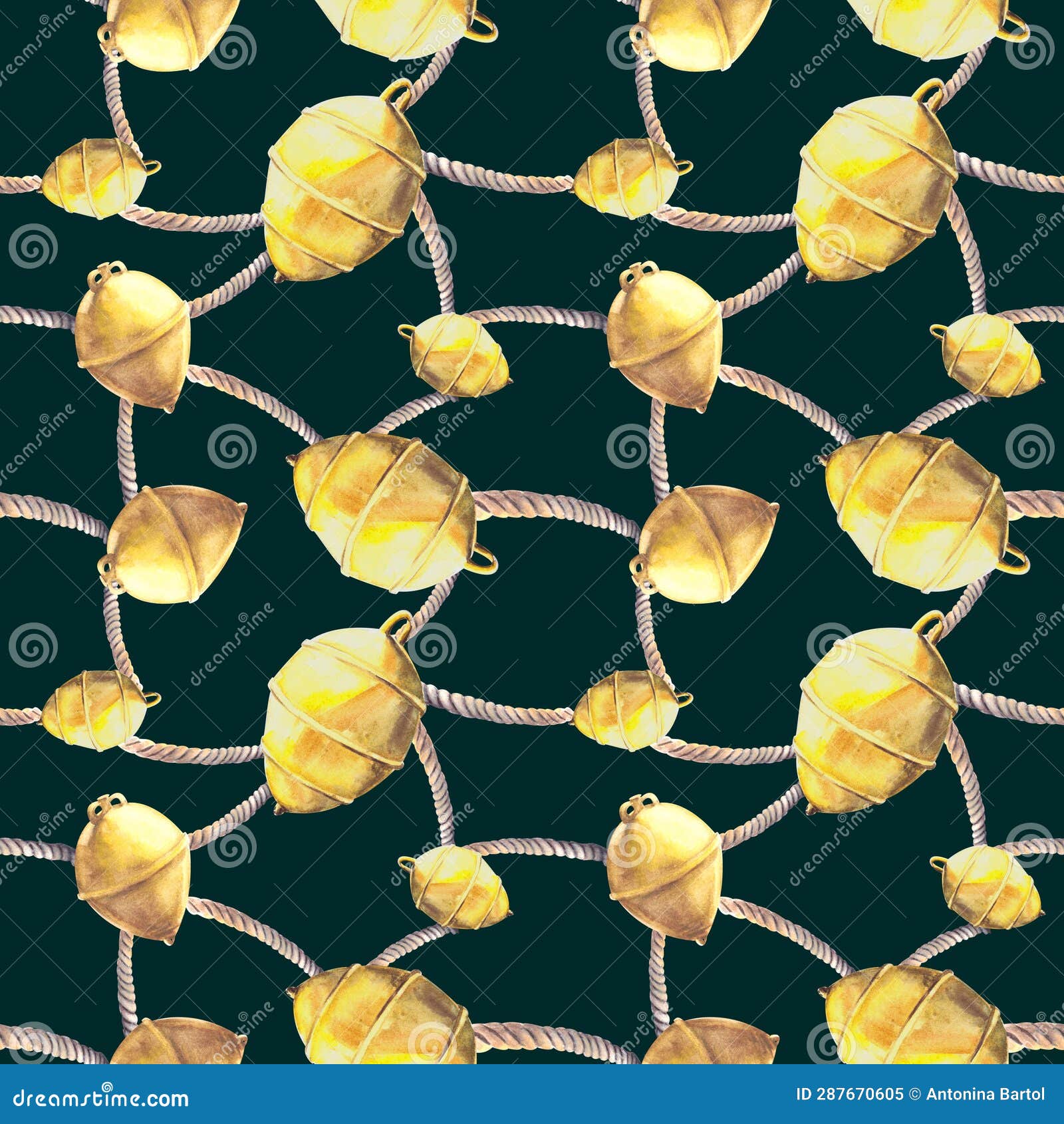 Nautical Seamless Pattern Sea Yellow Buoys with Ropes Isolated on