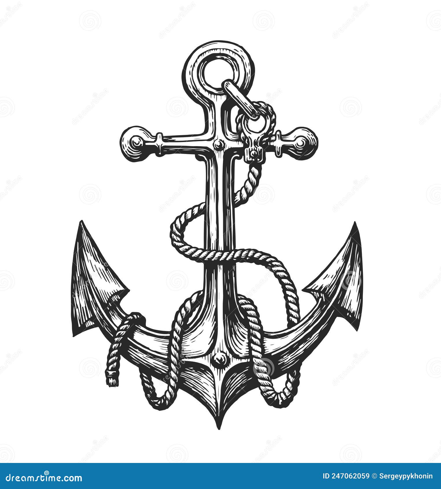 Nautical Ship Anchor with Rope in Vintage Engraving Style. Marine ...