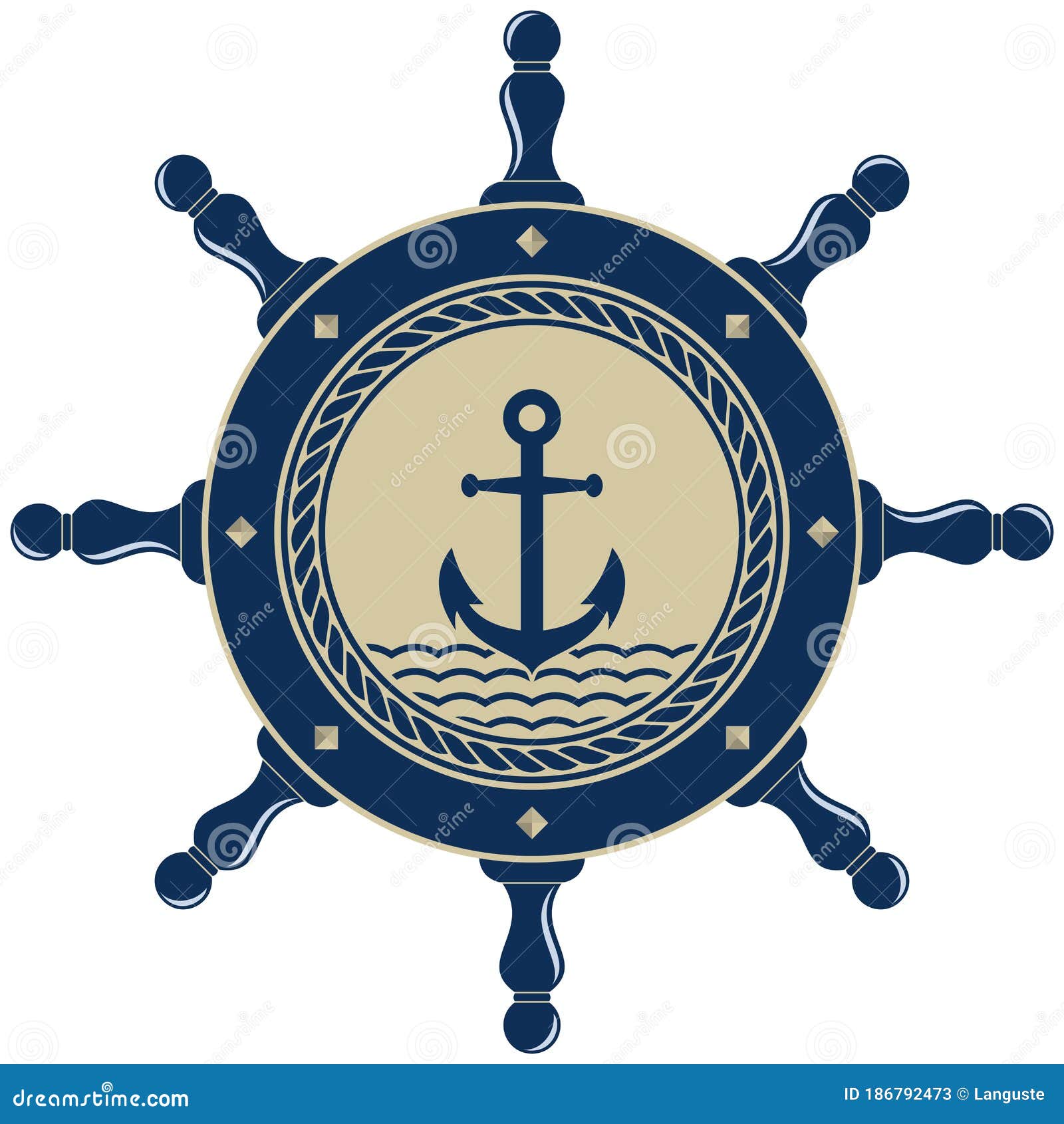 Nautical Steering Wheel Symbol with Anchor and Rope in Marine Blue