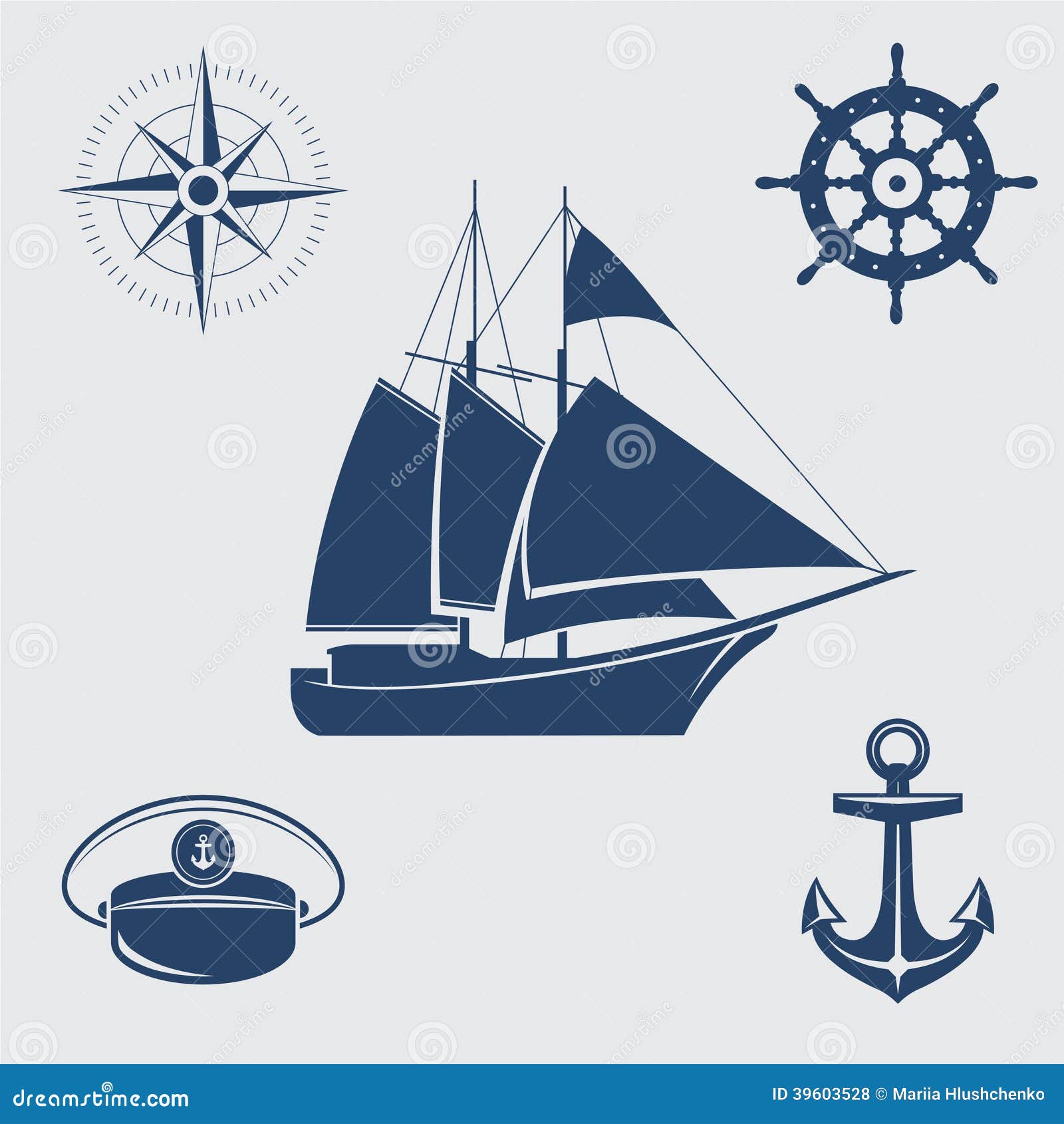 Five blue nautical symbols: sailing yacht, compass, steering wheel 