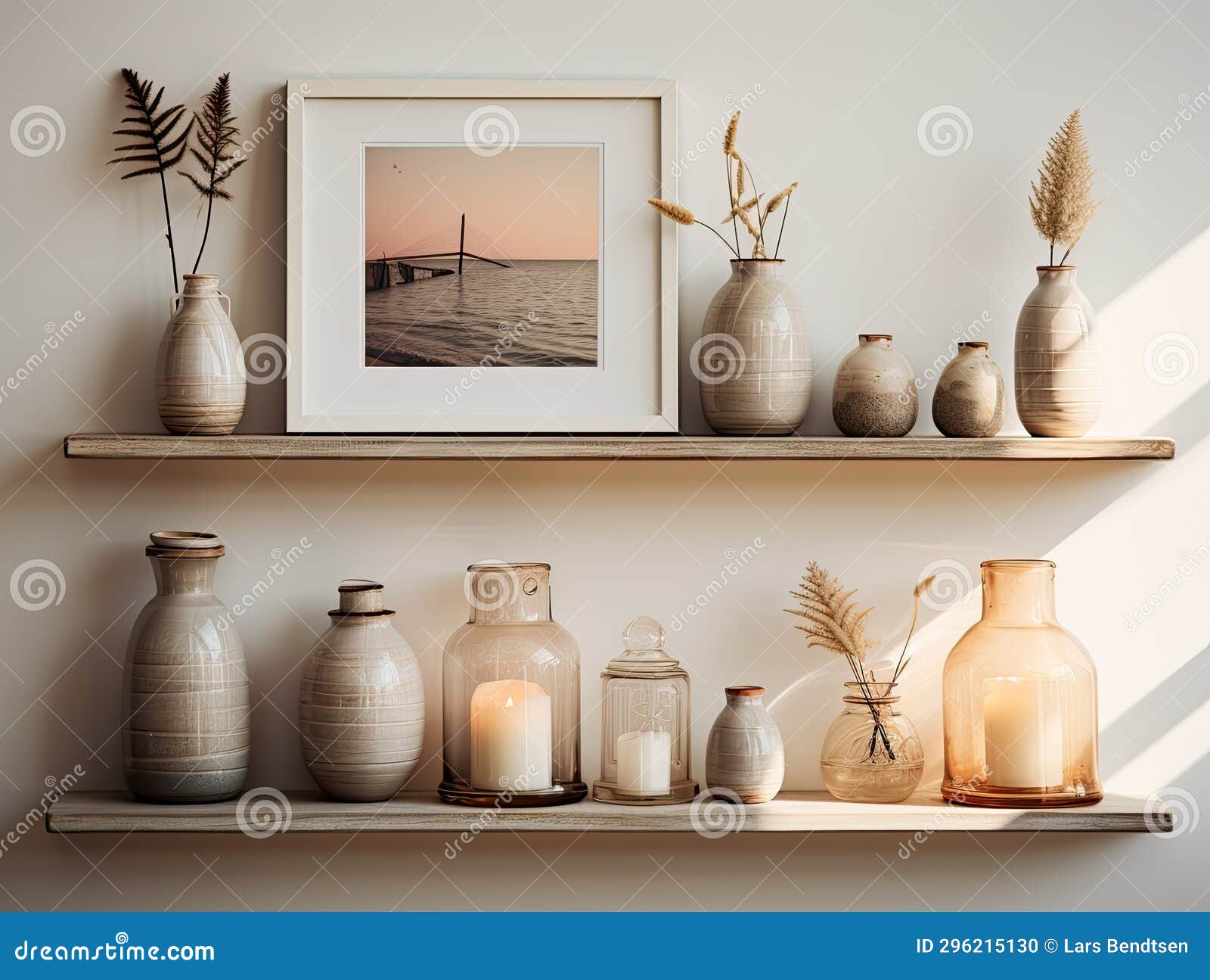 nautical wood floating shelf with maritime frames and a lighthouse - ai generated