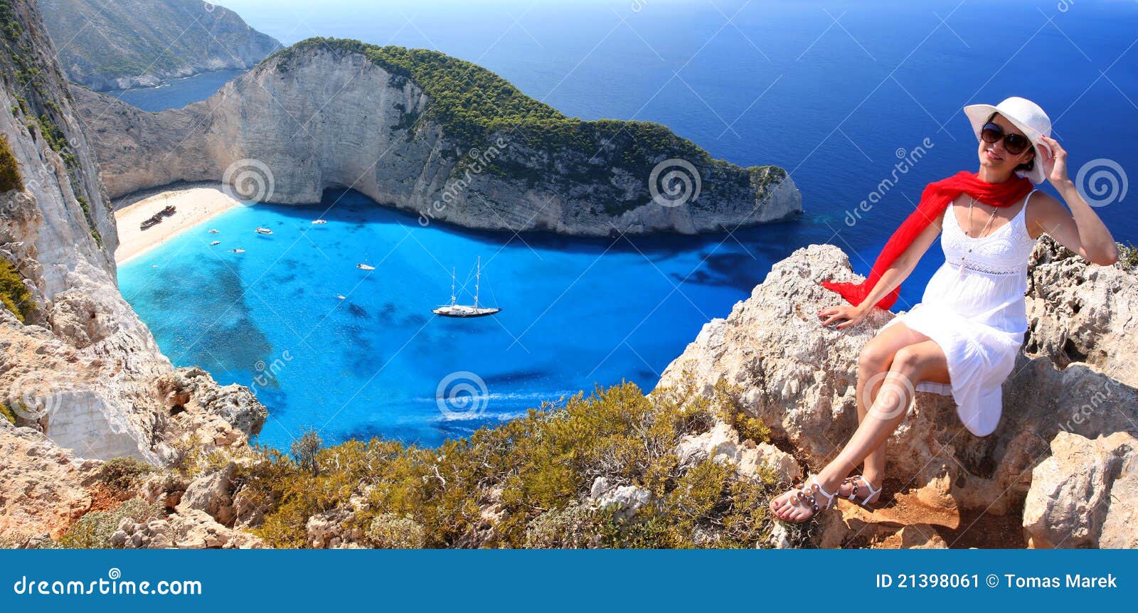 navagio beach with woman