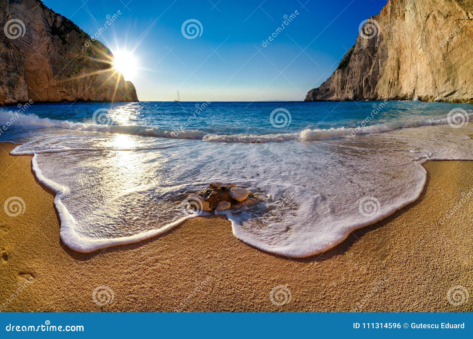 navagio beach at sunset in zakyntos island greece