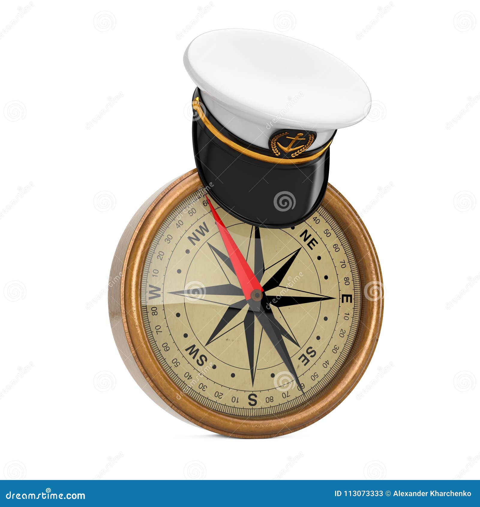 naval officer, admiral, navy ship captain hat over antique vintage brass compass. 3d rendering